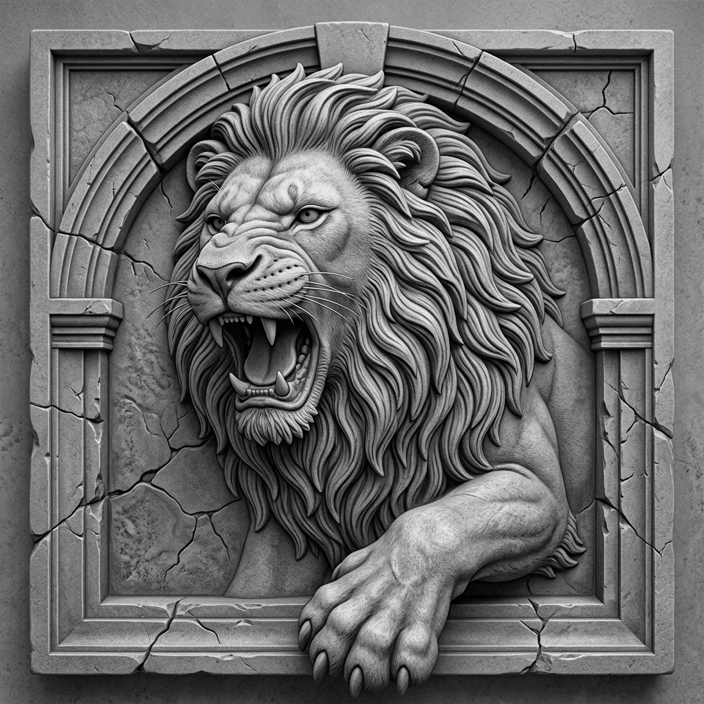 Create a dramatic monochrome laser-engraving-style illustration of a roaring lion emerging through a cracked stone architectural frame. Use a pronounced low front three-quarter viewpoint with the lion’s head turned approximately 30 degrees toward the viewer. Make the muzzle and one forward paw noticeably larger and closest to the camera, while the eyes, far side of the face, shoulders, mane, and cracked stone frame recede naturally behind them, so the muzzle, mane, and one paw project forward beyond the border. Use layered mane detail, deep shadows, bright highlights, strong facial expression, controlled background texture, and an unmistakable outer silhouette suitable for a contour cut. Deliver the finished artwork as a high-resolution PNG on a true transparent background with alpha transparency, not a white background or a simulated checkerboard pattern.