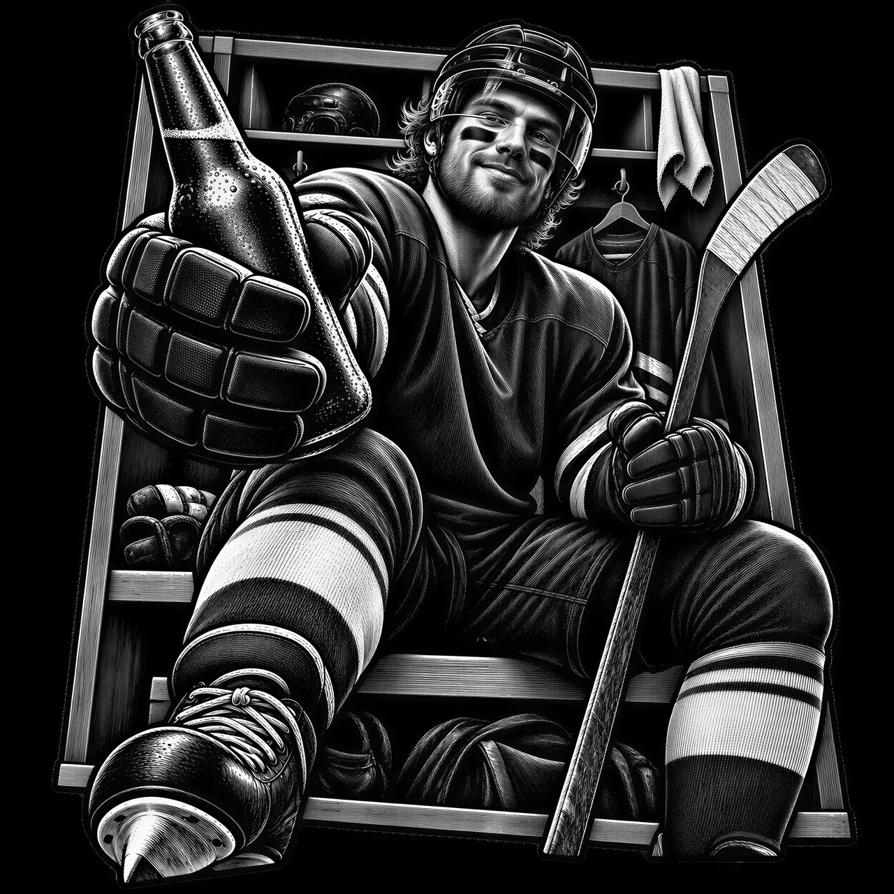 Create a high-contrast monochrome laser-engraving-style illustration for black slate material of a hockey player, working in front of a decorative locker room-style frame. Have hockey gear, arms, clothing, or equipment extend outside the border to create a convincing 3D illusion. Use a low or eye-level three-quarter camera viewpoint appropriate to the activity. Place the primary tool or working hand with bottle of beer closest to the viewer so it appears noticeably larger, while the players torso, work surface, supporting tools, and frame recede naturally behind it. Use dramatic highlights and shadows, controlled engraved textures, a clean composition, and an easy-to-trace outside silhouette suitable for laser cutting. Deliver the finished artwork as a high-resolution PNG on a true transparent background with alpha transparency, not a white background or a simulated checkerboard pattern.