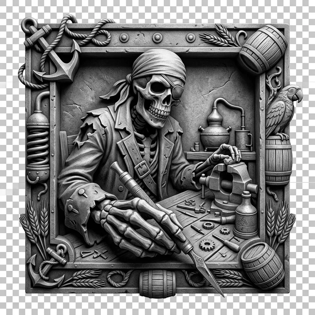 Create a high-contrast monochrome laser-engraving-style illustration of a pirate, working in front of a decorative distillery-style frame. Have tools, arms, clothing, or equipment extend outside the border to create a convincing 3D illusion. Use a low or eye-level three-quarter camera viewpoint appropriate to the activity. Place the primary tool or working hand closest to the viewer so it appears noticeably larger, while the skeletons torso, work surface, supporting tools, and frame recede naturally behind it. Use dramatic highlights and shadows, controlled engraved textures, a clean composition, and an easy-to-trace outside silhouette suitable for laser cutting. Deliver the finished artwork as a high-resolution PNG on a true transparent background with alpha transparency, not a white background or a simulated checkerboard pattern.
