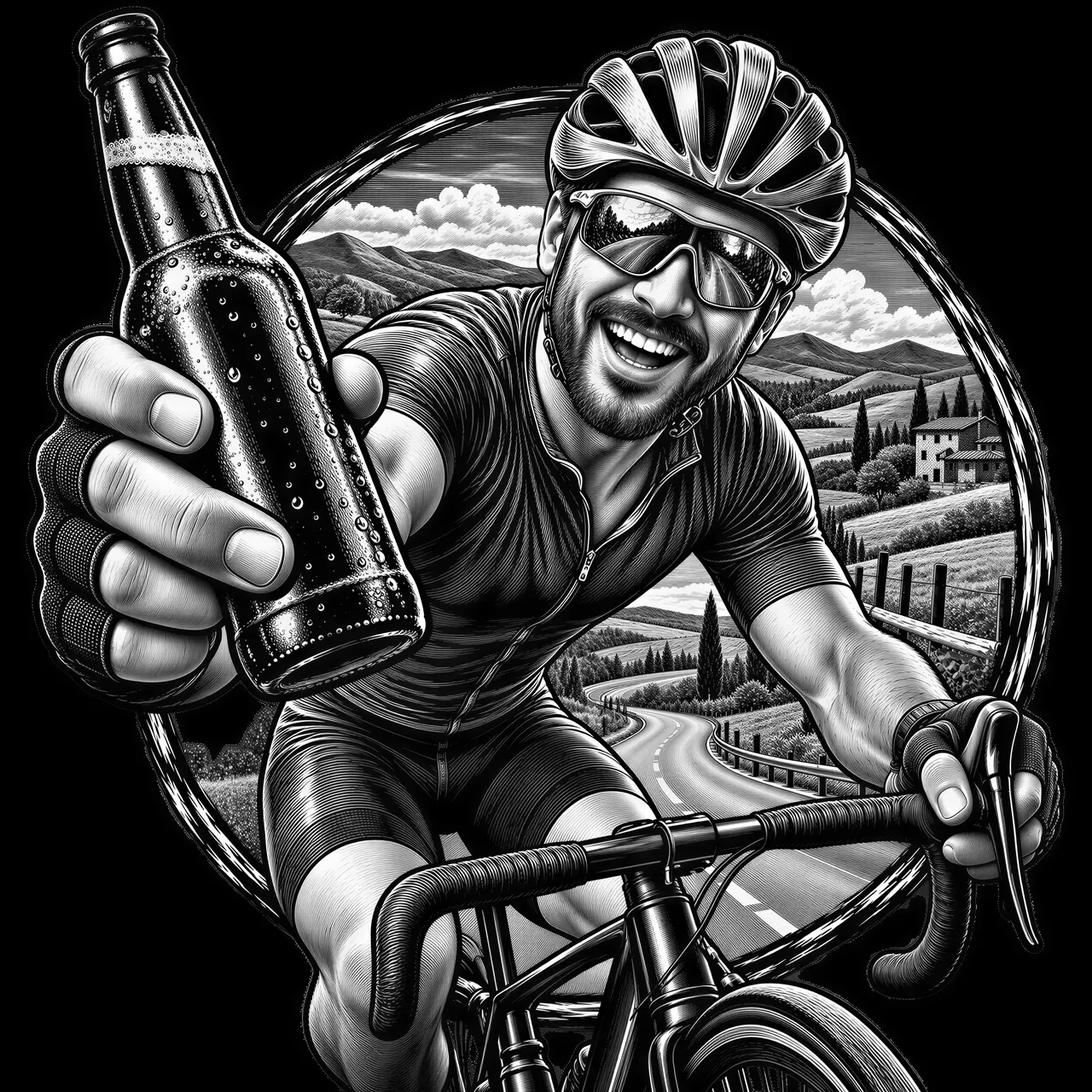 Create a high-contrast monochrome laser-engraving-style illustration for black slate material of a bike racer, working in front of a country road-style frame. Have hand with a bottle of beer, arms, clothing, or equipment extend outside the border to create a convincing 3D illusion. Use a low or eye-level three-quarter camera viewpoint appropriate to the activity. Place the primary tool or working hand with bottle of beer closest to the viewer so it appears noticeably larger, while the players torso, work surface, supporting tools, and frame recede naturally behind it. Use dramatic highlights and shadows, controlled engraved textures, a clean composition, and an easy-to-trace outside silhouette suitable for laser cutting. Deliver the finished artwork as a high-resolution PNG on a true transparent background with alpha transparency, not a white background or a simulated checkerboard pattern.