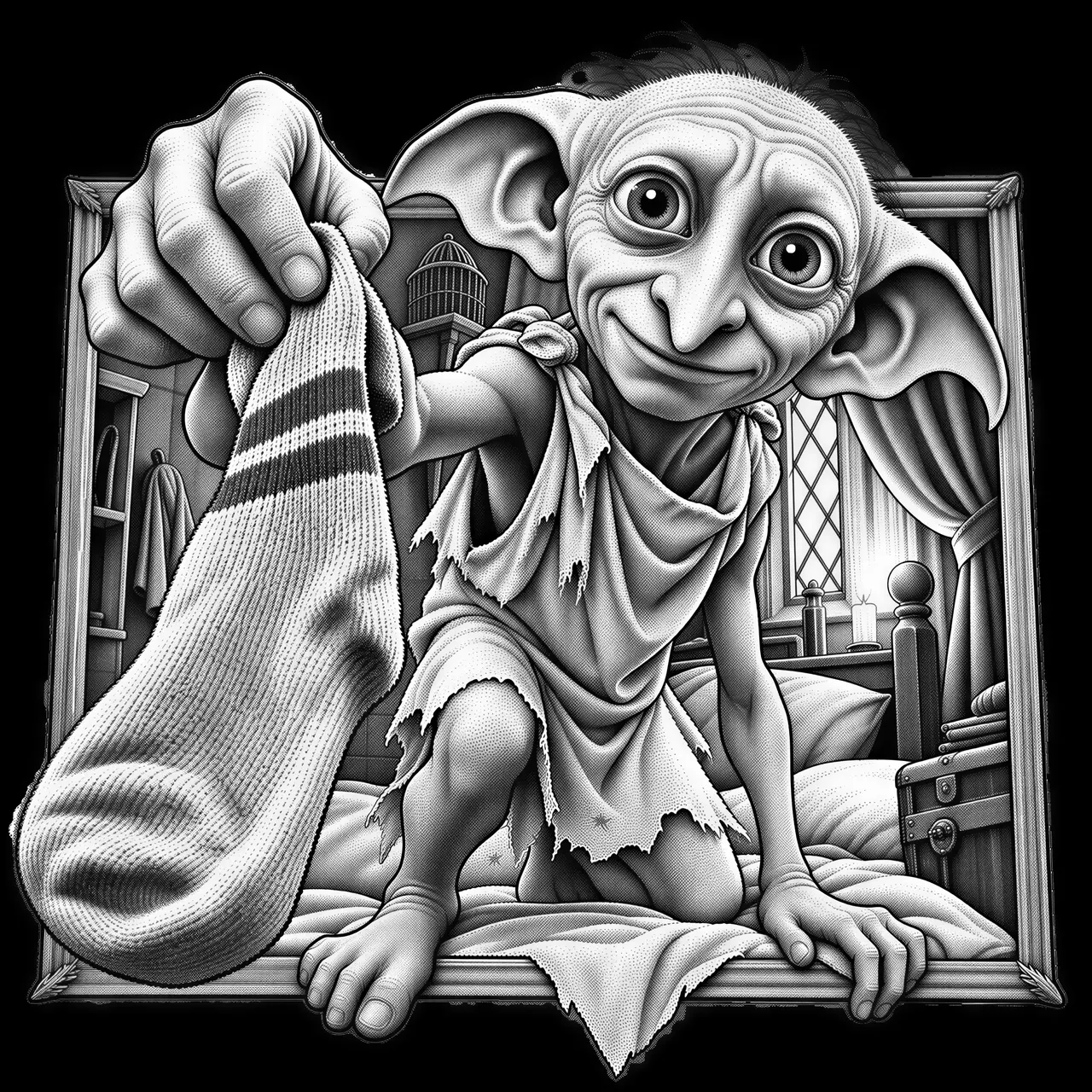 Create a high-contrast black and white laser-engraving-style illustration for black slate material mostly blacks and whites no mid tones of a Doby from harry potter, working in front of a bedroom-style frame. Have hand with a sock, arms, clothing, or equipment extend outside the border to create a convincing 3D illusion. Use a low or eye-level three-quarter camera viewpoint appropriate to the activity. Place the primary tool or working hand with sock closest to the viewer so it appears noticeably larger, while the players torso, work surface, supporting tools, and frame recede naturally behind it. Use dramatic highlights and shadows, controlled engraved textures, a clean composition, and an easy-to-trace outside silhouette suitable for laser cutting. Deliver the finished artwork as a high-resolution PNG on a true transparent background with alpha transparency, not a white background or a simulated checkerboard pattern.
