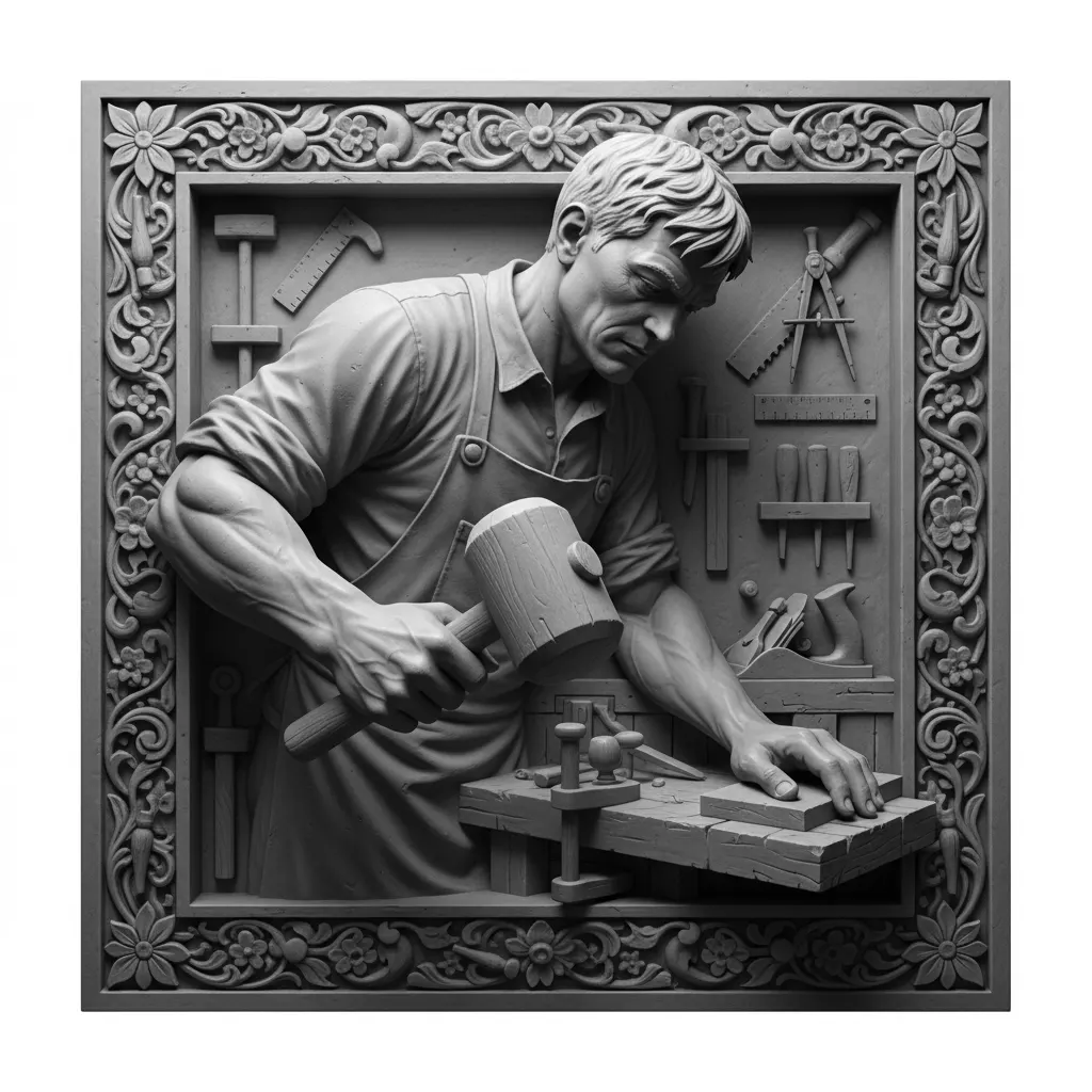 Create a high-contrast monochrome laser-engraving-style illustration of a woodworker, working in front of a decorative workshop-style frame. Have tools, arms, clothing, or equipment extend outside the border to create a convincing 3D illusion. Use a low or eye-level three-quarter camera viewpoint appropriate to the activity. Place the primary tool or working hand closest to the viewer so it appears noticeably larger, while the person’s torso, work surface, supporting tools, and frame recede naturally behind it. Use dramatic highlights and shadows, controlled engraved textures, a clean composition, and an easy-to-trace outside silhouette suitable for laser cutting. Deliver the finished artwork as a high-resolution PNG on a true transparent background with alpha transparency, not a white background or a simulated checkerboard pattern.