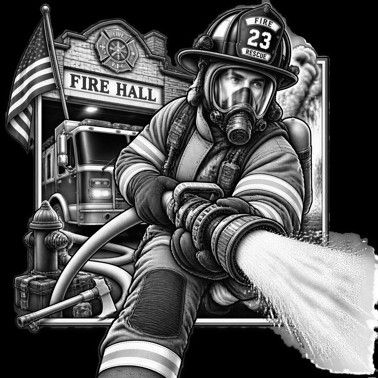 Create a high-contrast monochrome laser-engraving-style illustration of a fire fighter, working in front of a fire hall -style frame. Have tools, arms, clothing, or equipment extend outside the border to create a convincing 3D illusion. Use a low or eye-level three-quarter camera viewpoint appropriate to the activity. Place the primary tool or working hand with fire hose closest to the viewer so it appears noticeably larger, while the fireman torso, work surface, supporting tools, and frame recede naturally behind it. Use dramatic highlights and shadows, controlled engraved textures, a clean composition, and an easy-to-trace outside silhouette suitable for laser cutting. Deliver the finished artwork as a high-resolution PNG on a true transparent background with alpha transparency, not a white background or a simulated checkerboard pattern.