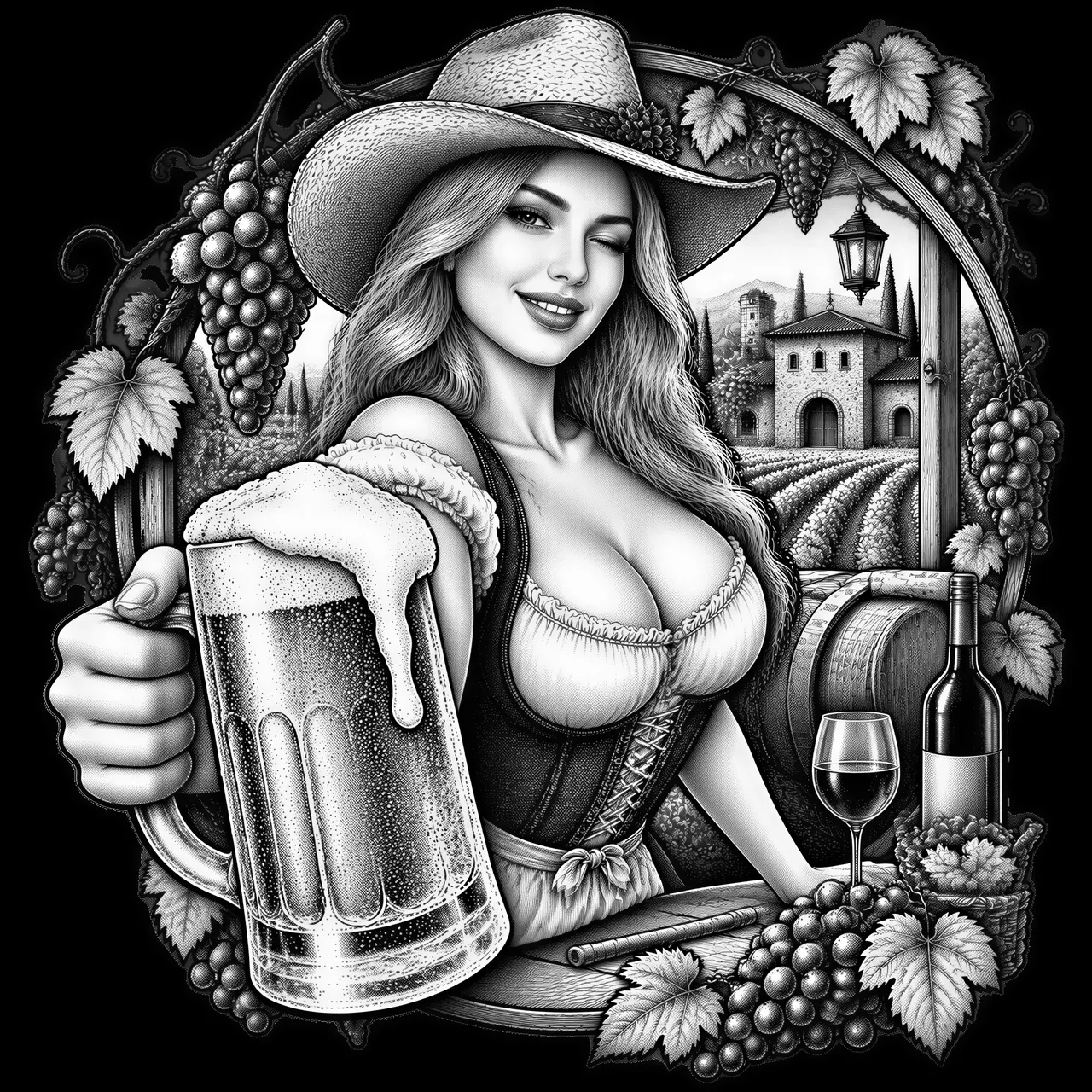 Create a high-contrast monochrome laser-engraving-style illustration of a beautiful woman in a hat, working in front of a decorative winery with grapes growing-style frame. Have tools, arms, clothing, or equipment extend outside the border to create a convincing 3D illusion. Use a low or eye-level three-quarter camera viewpoint appropriate to the activity. Place the primary tool or working hand with a large cold mug of beer closest to the viewer so it appears noticeably larger, while the woman's torso, work surface, supporting tools, and frame recede naturally behind it. Use dramatic highlights and shadows, controlled engraved textures, a clean composition, and an easy-to-trace outside silhouette suitable for laser cutting. Deliver the finished artwork as a high-resolution PNG on a true transparent background with alpha transparency, not a white background or a simulated checkerboard pattern.