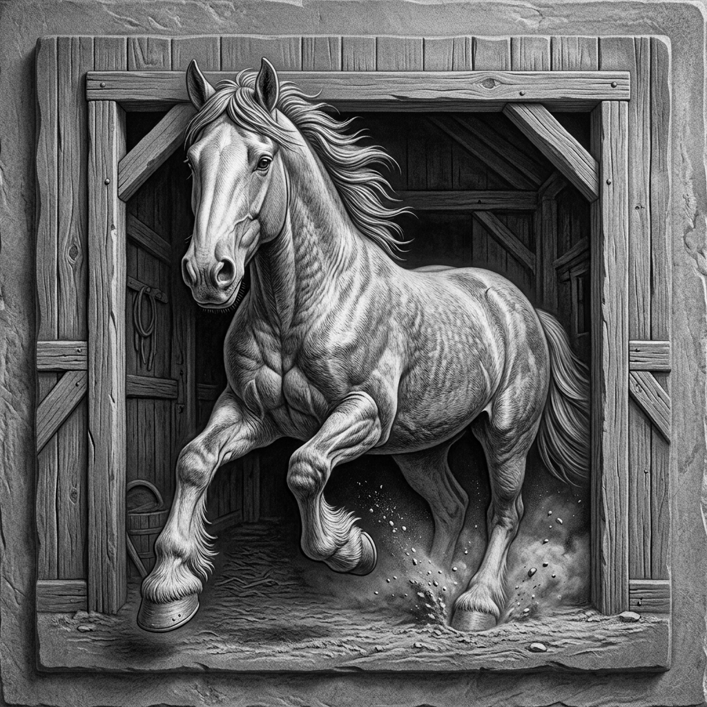 Create a high-contrast monochrome laser-engraving-style illustration of a powerful Clydesdale horse charging through the opening of a rustic barn doorway. Angle the horse toward the viewer with strong foreshortening so the head, chest, and front legs project outward beyond the frame. Position the camera near ground level and approximately 30 degrees off-center. Make the horse’s muzzle, chest, and one raised foreleg project prominently toward the viewer, while the second foreleg, body, hindquarters, barn interior, and doorway recede behind them. Use believable foreshortening without enlarging all four legs equally. Add flowing mane, dust, and subtle barn details. Use dramatic highlights and shadows, strong depth, realistic engraved texture, and a clean silhouette suitable for contour cutting. Deliver the finished artwork as a high-resolution PNG on a true transparent background with alpha transparency, not a white background or a simulated checkerboard pattern.