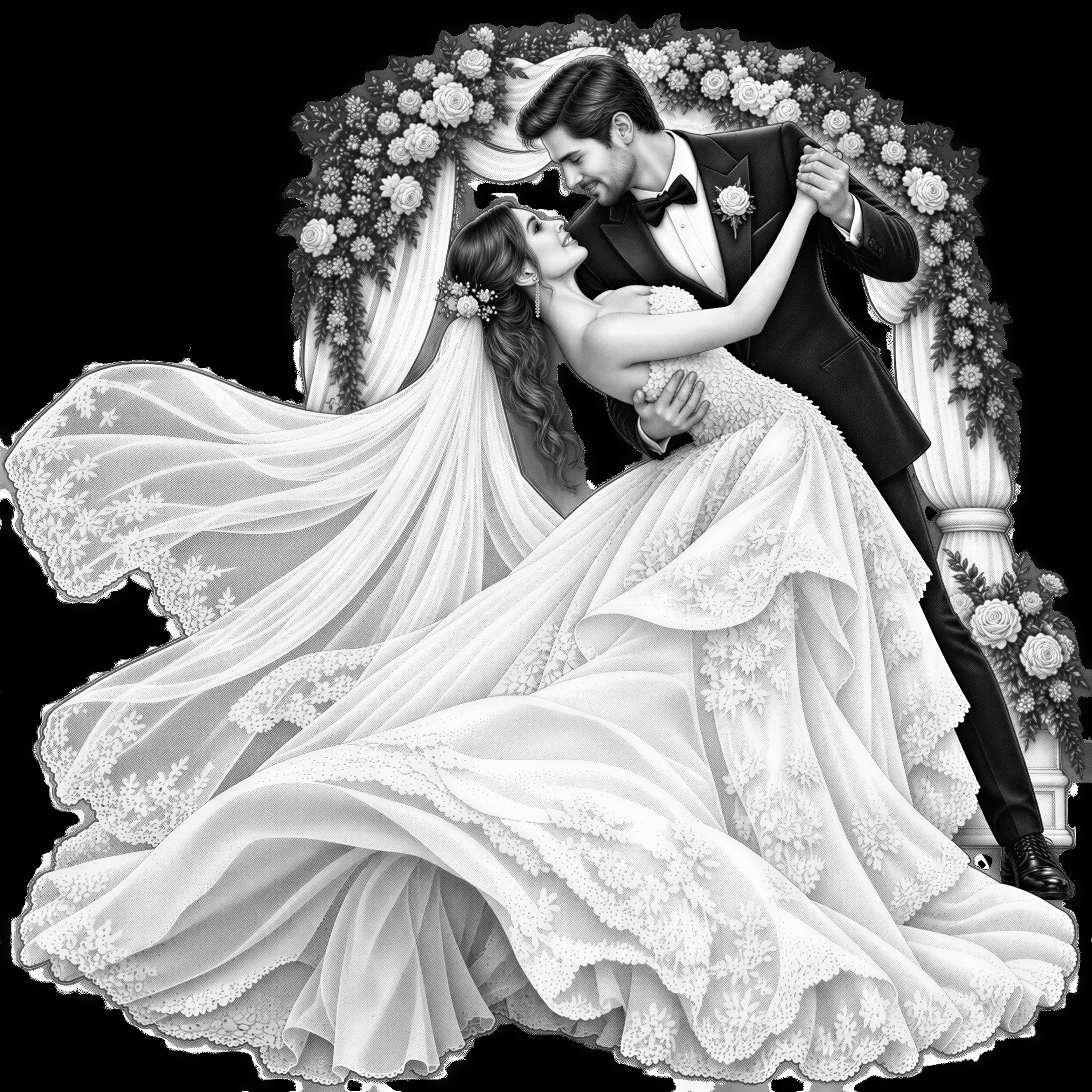 Create a high-contrast monochrome laser-engraving-style illustration of a bride and groom dancing beneath an ornate romantic archway. Their bodies should overlap the frame naturally, with the bride’s flowing dress and veil extending well beyond the border to create a strong 3D illusion. Use dramatic highlights, deep shadows, elegant engraved detail, clean subject separation, and a bold outer silhouette suitable for tracing into a laser cut contour. Avoid a cluttered background. Design it as a flat engraving that appears dimensional and sculptural. Use a slightly low three-quarter camera viewpoint from the bride’s side rather than a straight-on view. Place the nearest folds of the bride’s dress prominently in the foreground so they appear noticeably larger, while the couple’s upper bodies and the romantic arch recede naturally behind them. Let the dress and veil flow over and beyond the lower and side portions of the frame, while keeping both faces clearly visible and naturally proportioned. Deliver the finished artwork as a high-resolution PNG on a true transparent background with alpha transparency, not a white background or a simulated checkerboard pattern.