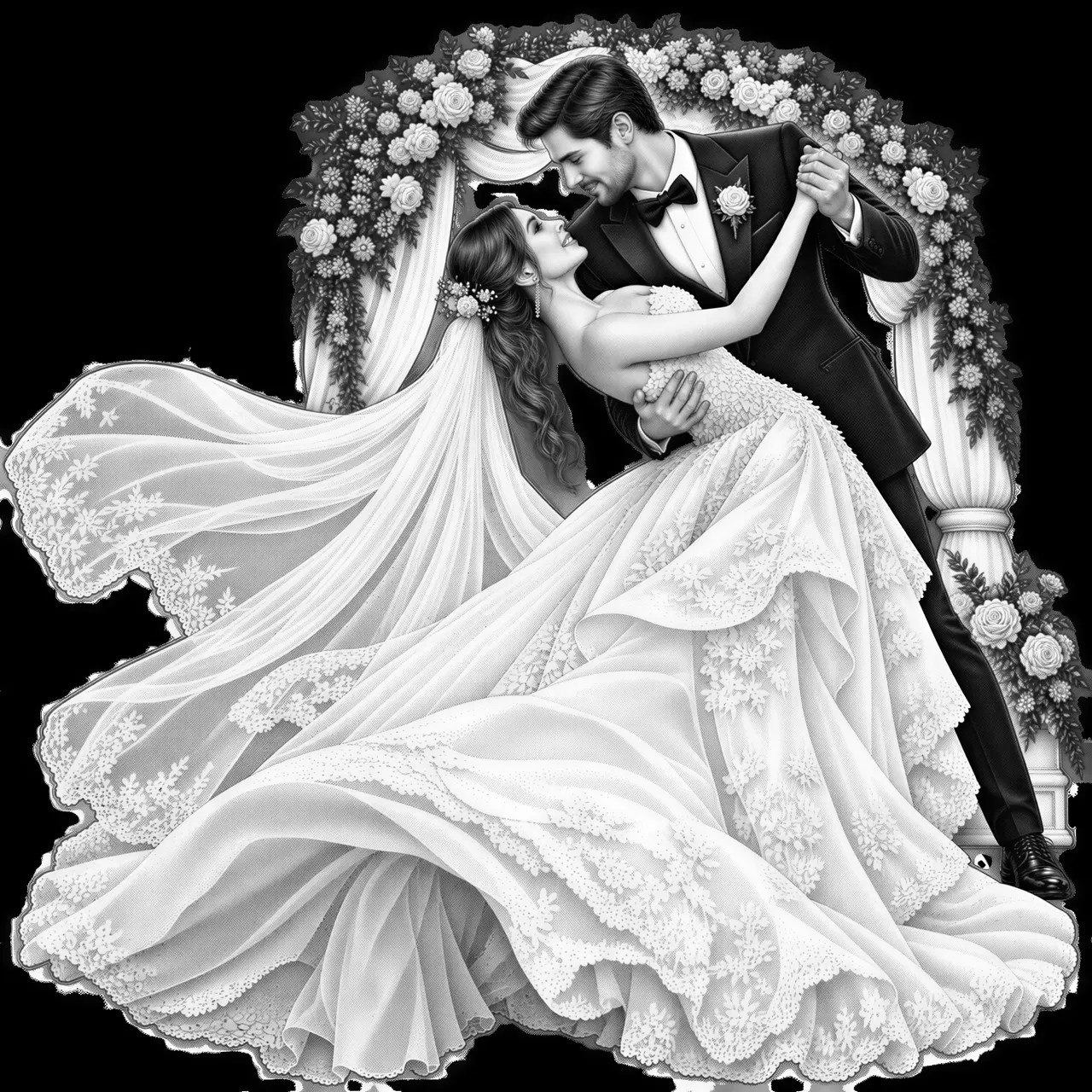 Create a high-contrast monochrome laser-engraving-style illustration of a bride and groom dancing beneath an ornate romantic archway. Their bodies should overlap the frame naturally, with the bride’s flowing dress and veil extending well beyond the border to create a strong 3D illusion. Use dramatic highlights, deep shadows, elegant engraved detail, clean subject separation, and a bold outer silhouette suitable for tracing into a laser cut contour. Avoid a cluttered background. Design it as a flat engraving that appears dimensional and sculptural. Use a slightly low three-quarter camera viewpoint from the bride’s side rather than a straight-on view. Place the nearest folds of the bride’s dress prominently in the foreground so they appear noticeably larger, while the couple’s upper bodies and the romantic arch recede naturally behind them. Let the dress and veil flow over and beyond the lower and side portions of the frame, while keeping both faces clearly visible and naturally proportioned. Deliver the finished artwork as a high-resolution PNG on a true transparent background with alpha transparency, not a white background or a simulated checkerboard pattern.
