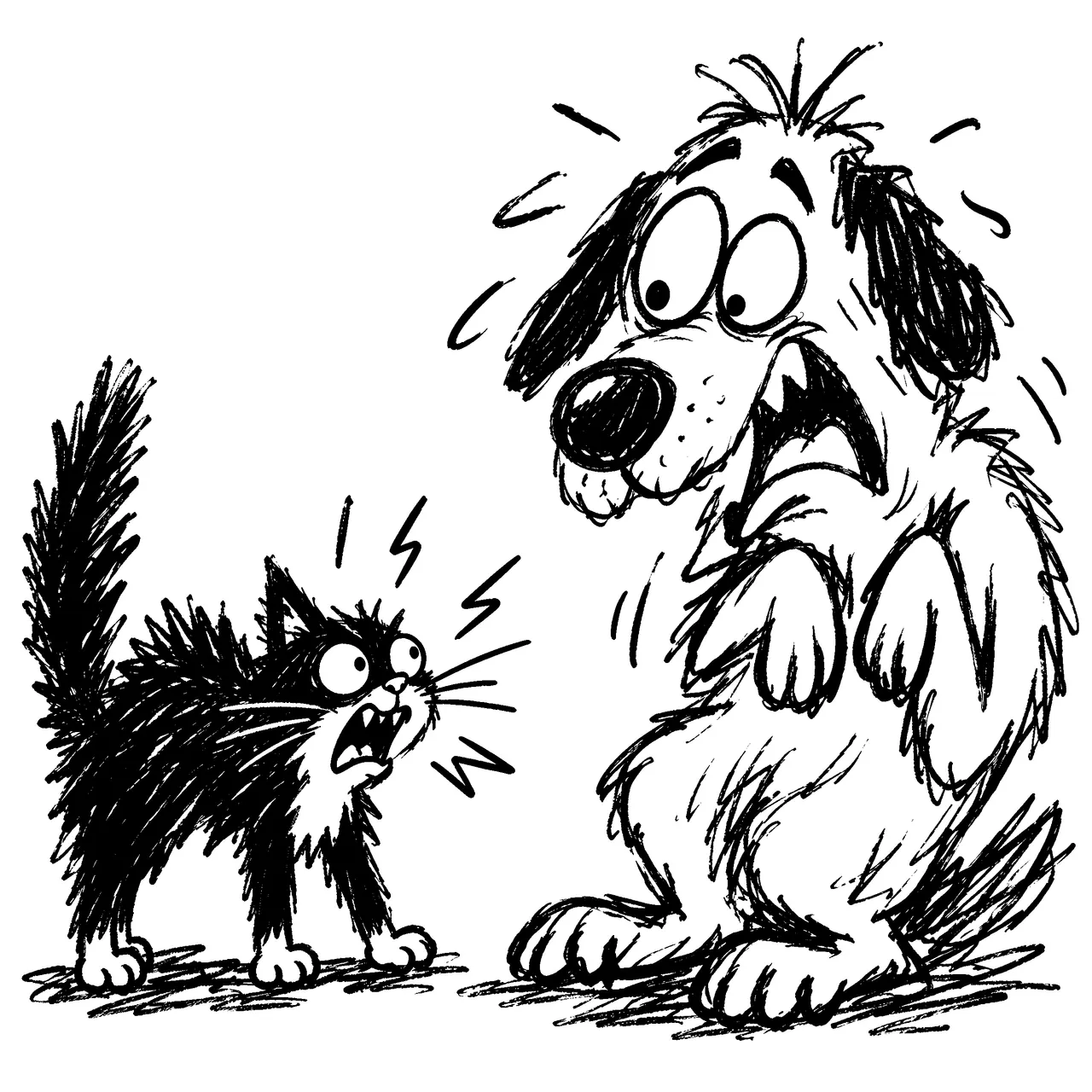 A little black and white kitten frightening a large dog.