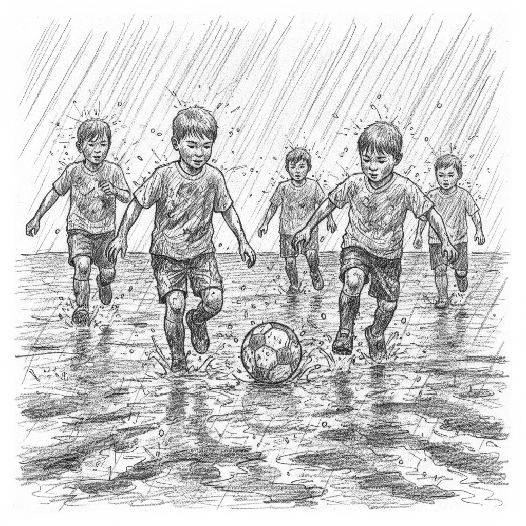 A bunch of young kids playing football in the rain on a muddy ...