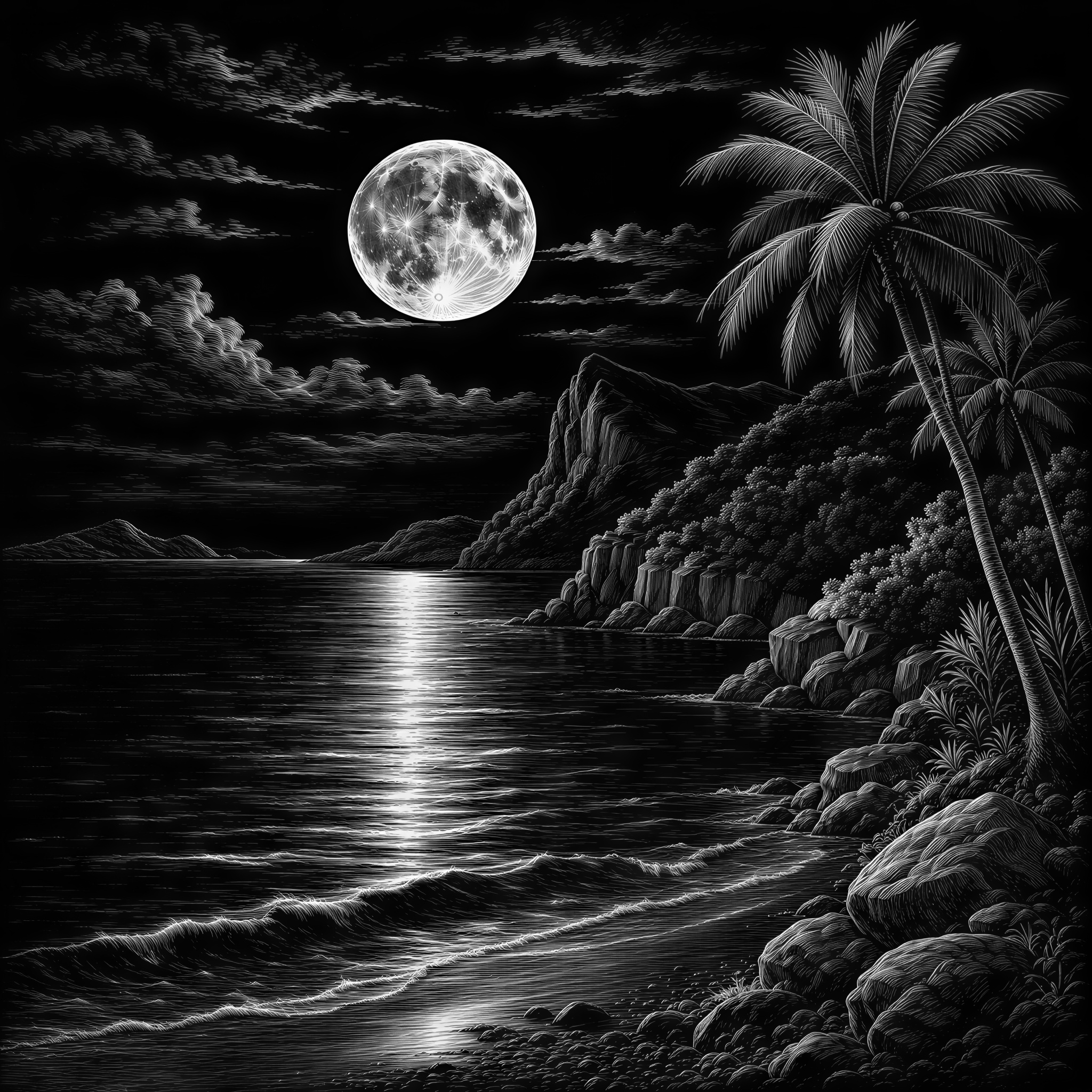 A bright full moon rising and shining on a tranquil ocean bay at - Free ...
