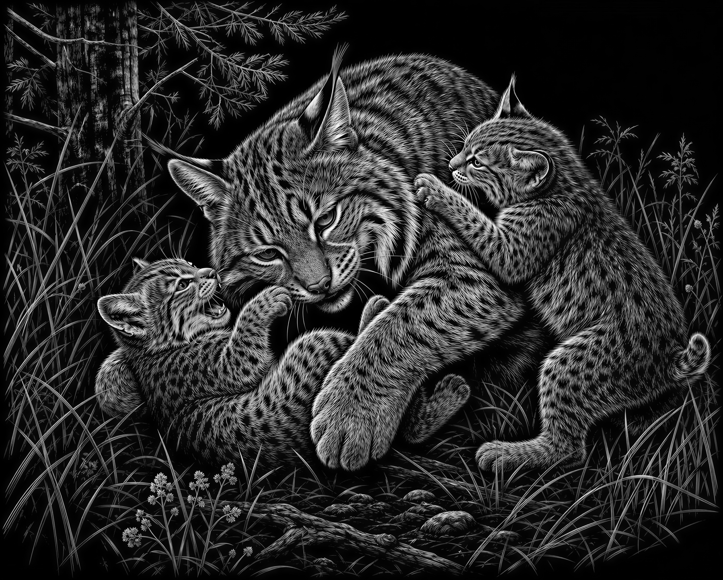 Bobcat mom wrestling with two kittens in a forest meadow - Free PNG ...