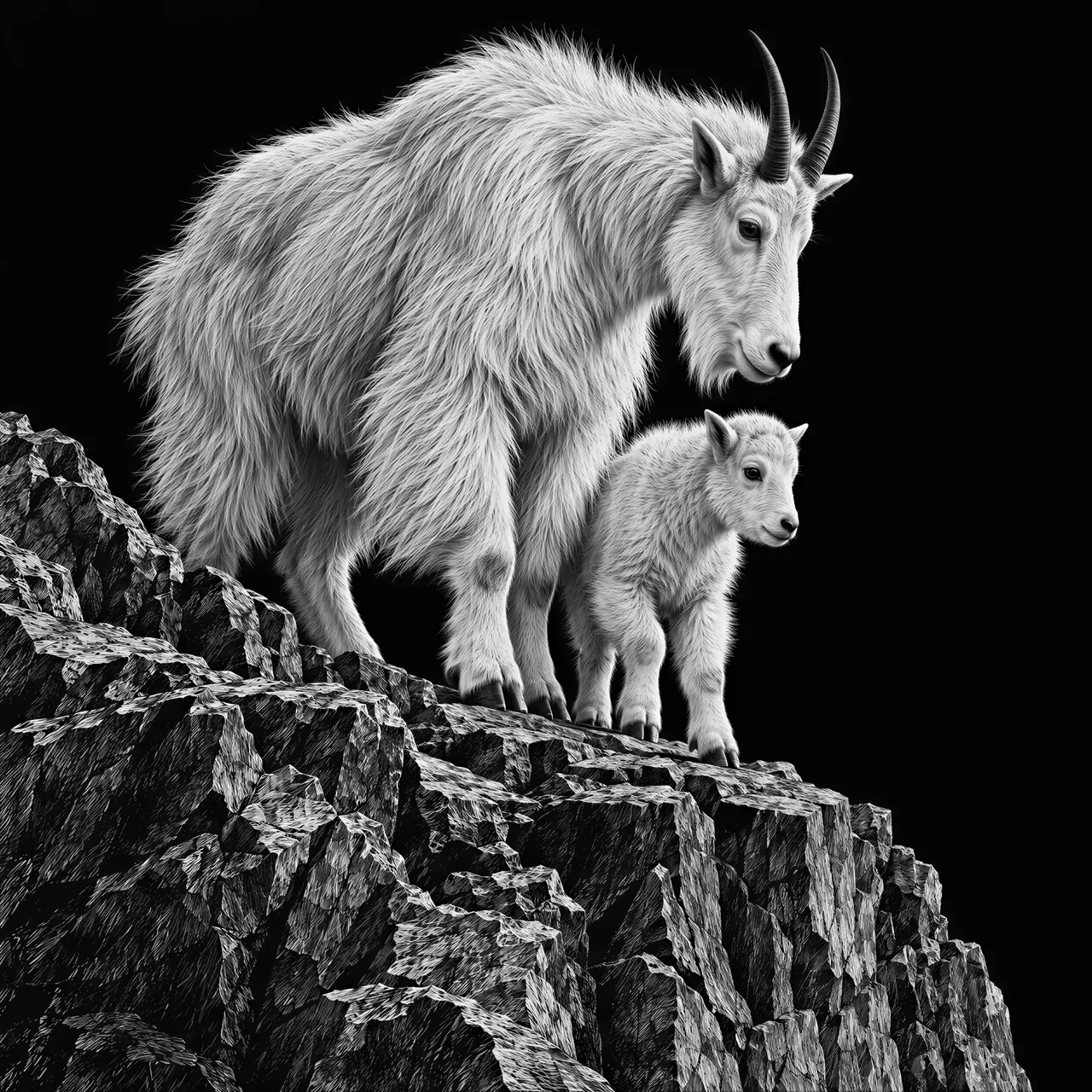 American mountain goat ewe and her lamb on a rough rocky ledge