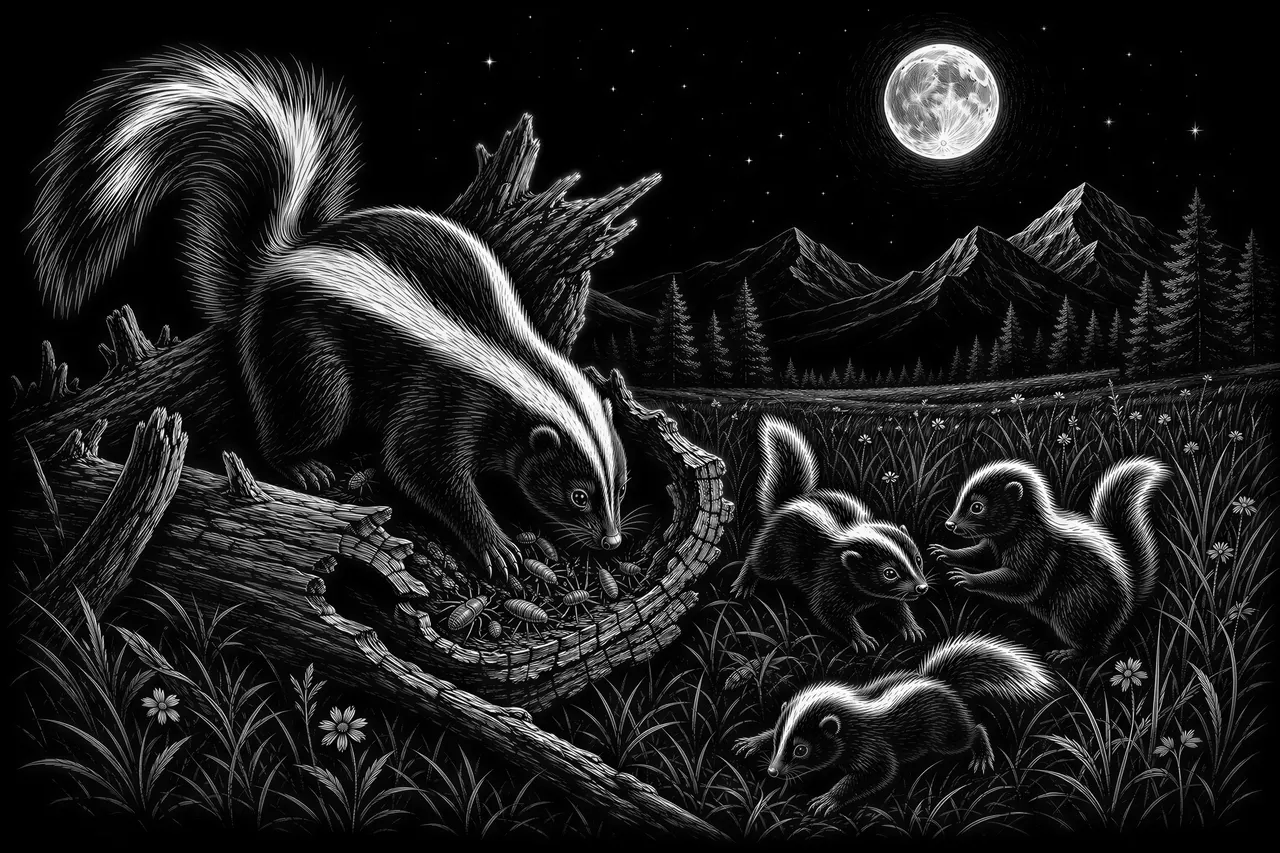 A mother Shunk forging for food in a downed tree with three cute baby shunks playing nearby in a moonlit mountain meadow.