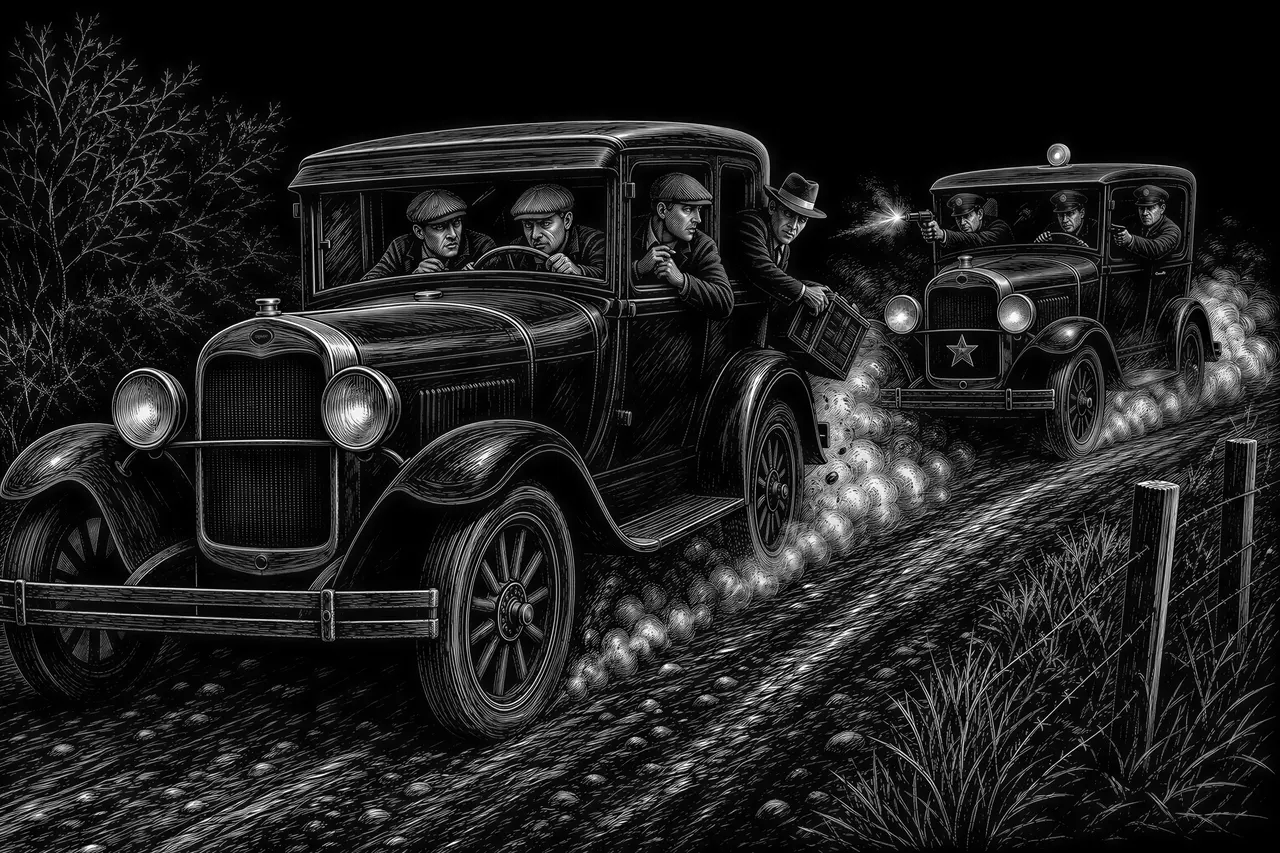 1920's bootleggers being chased by law enforcement on a dusty country dirt road.