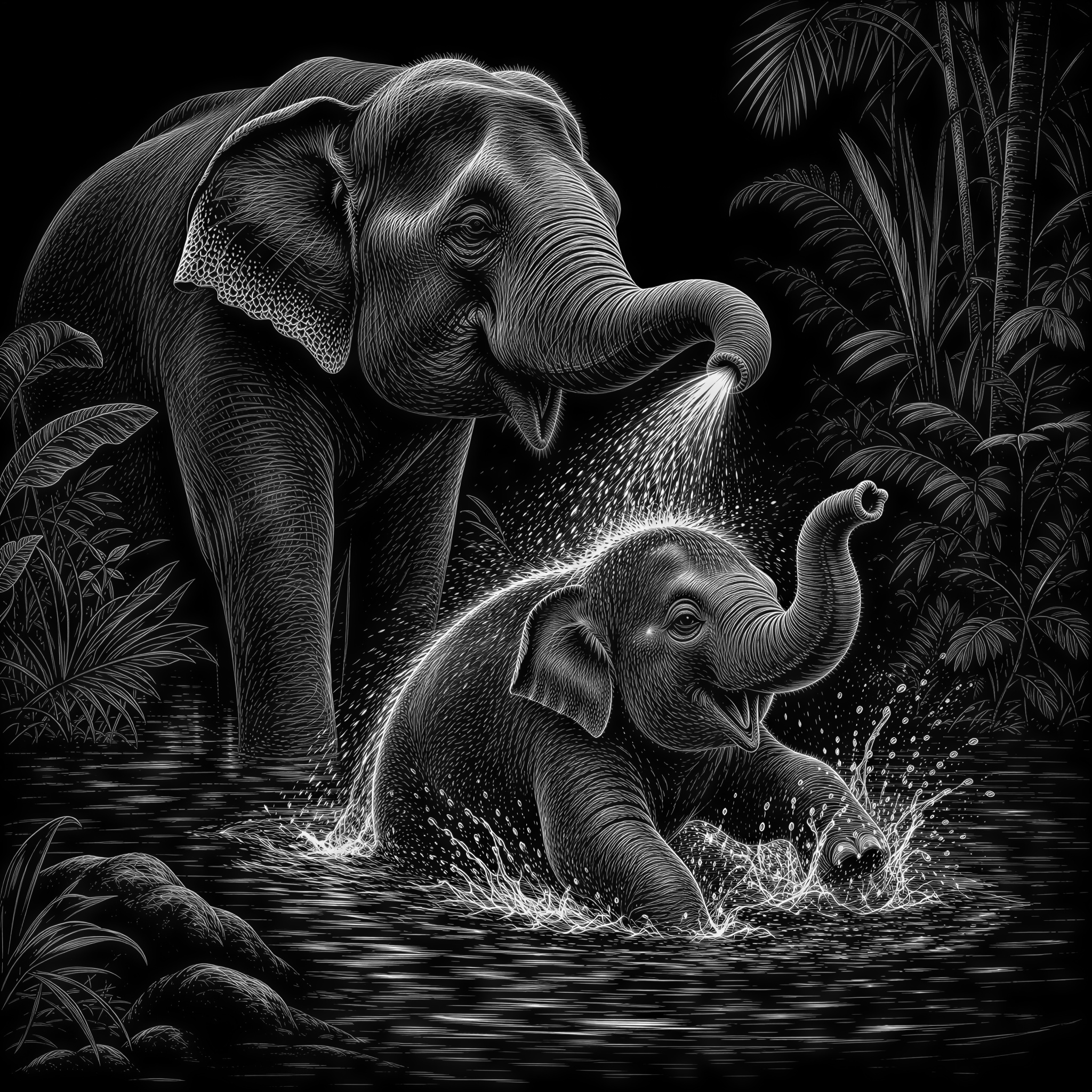 Elephane Vector Baby elephant in a jungle lagoon playing in the water while his - Free ...