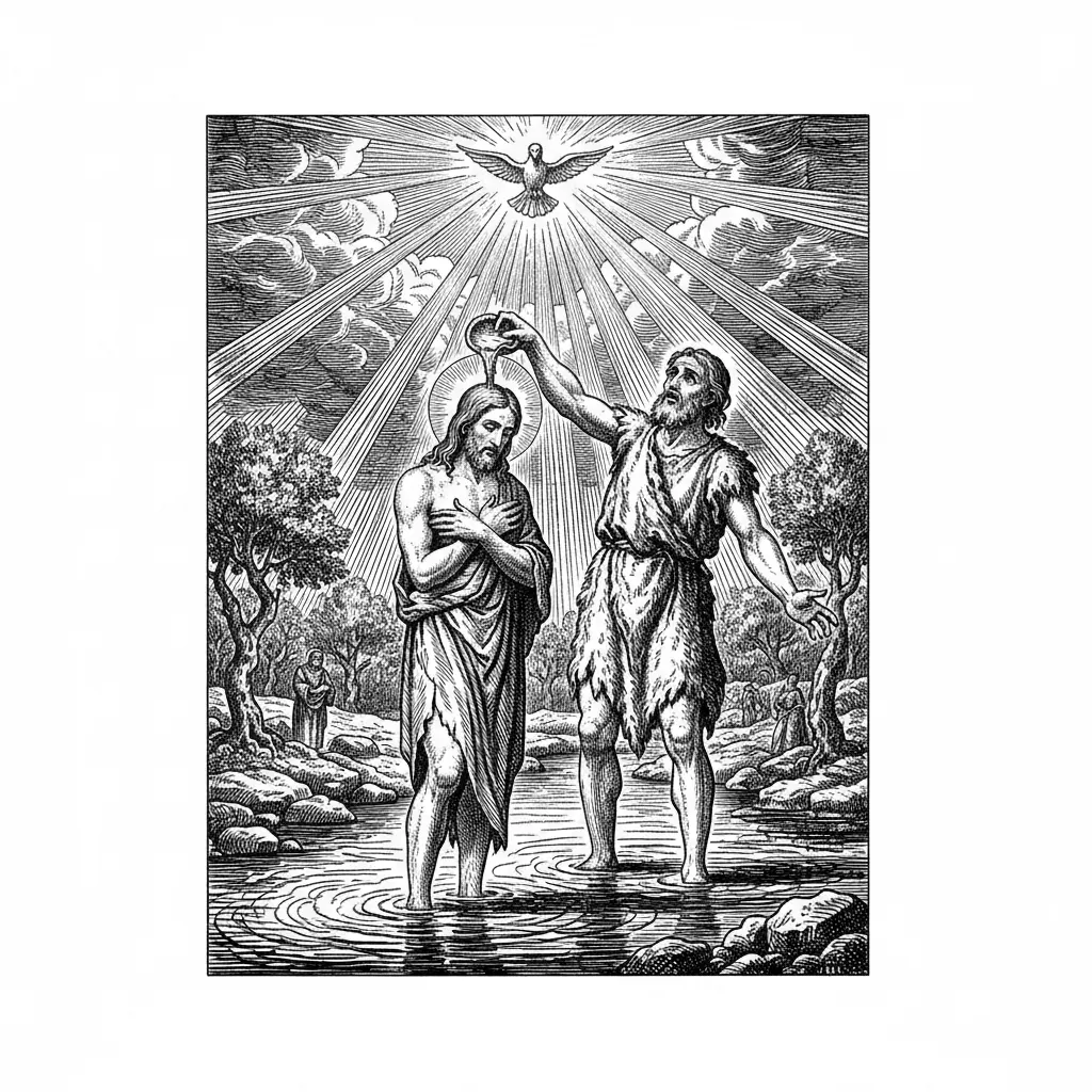 This should be detailed. Jesus being baptized by John in the Jordan river. Jesus is humble and John is amazed. The presence of God is felt
