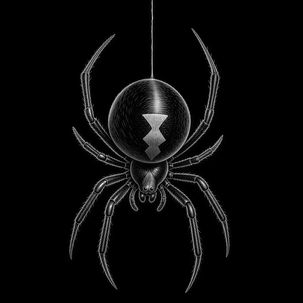 A detailed realistic Black Widow spider hanging from a single strand of web.