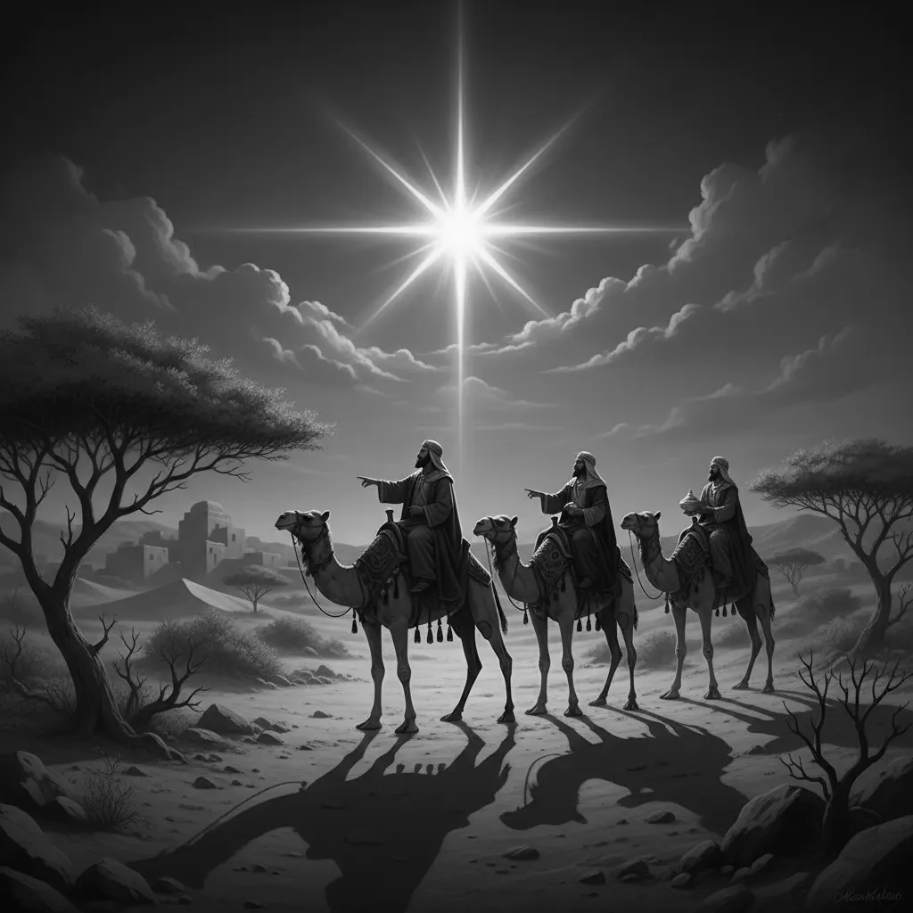 The three wise men on their journey noticing the Bethlehem star in the sky. The star should be the focal point.