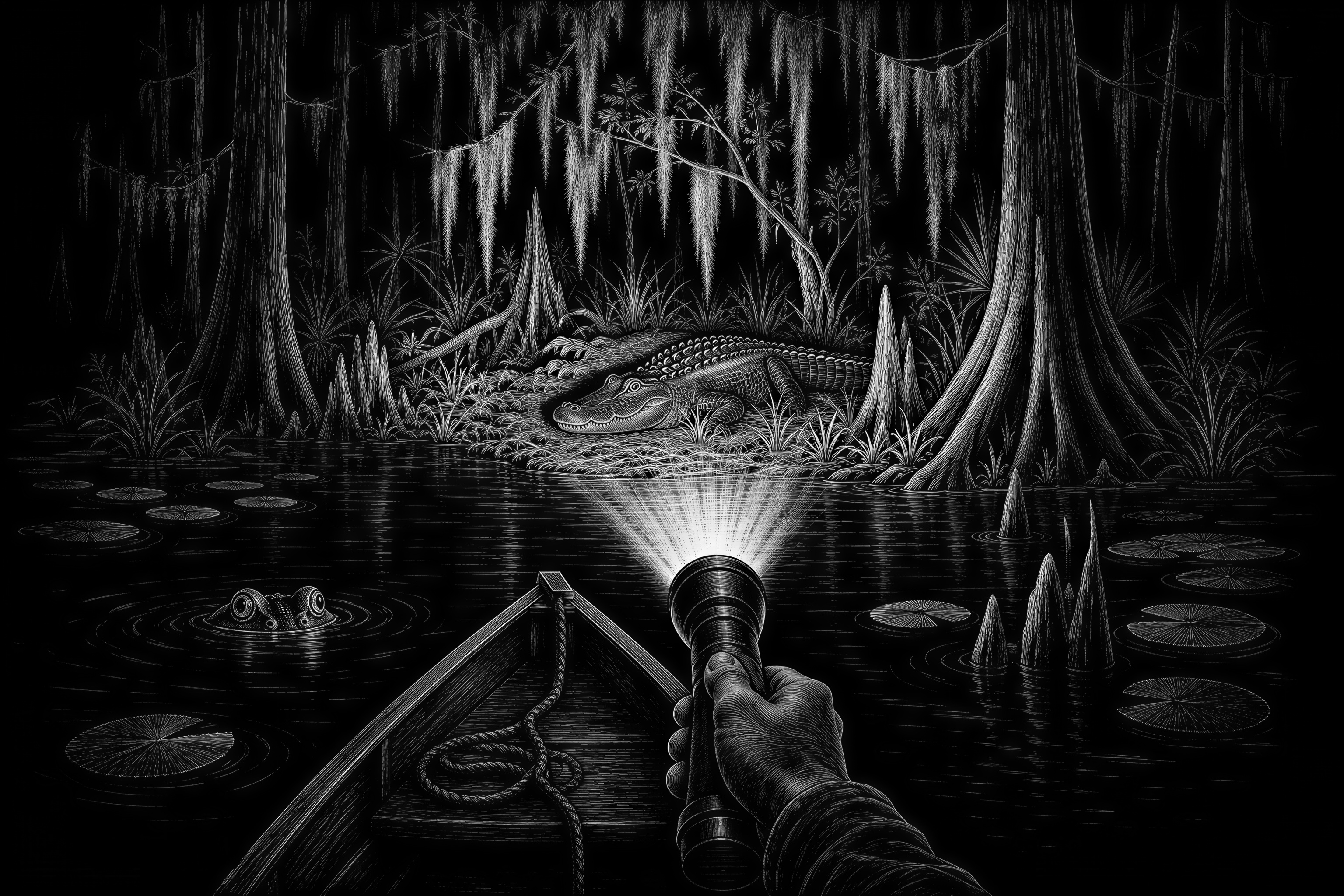 POV standing in a boat on a swamp shining a light towards the - Free ...