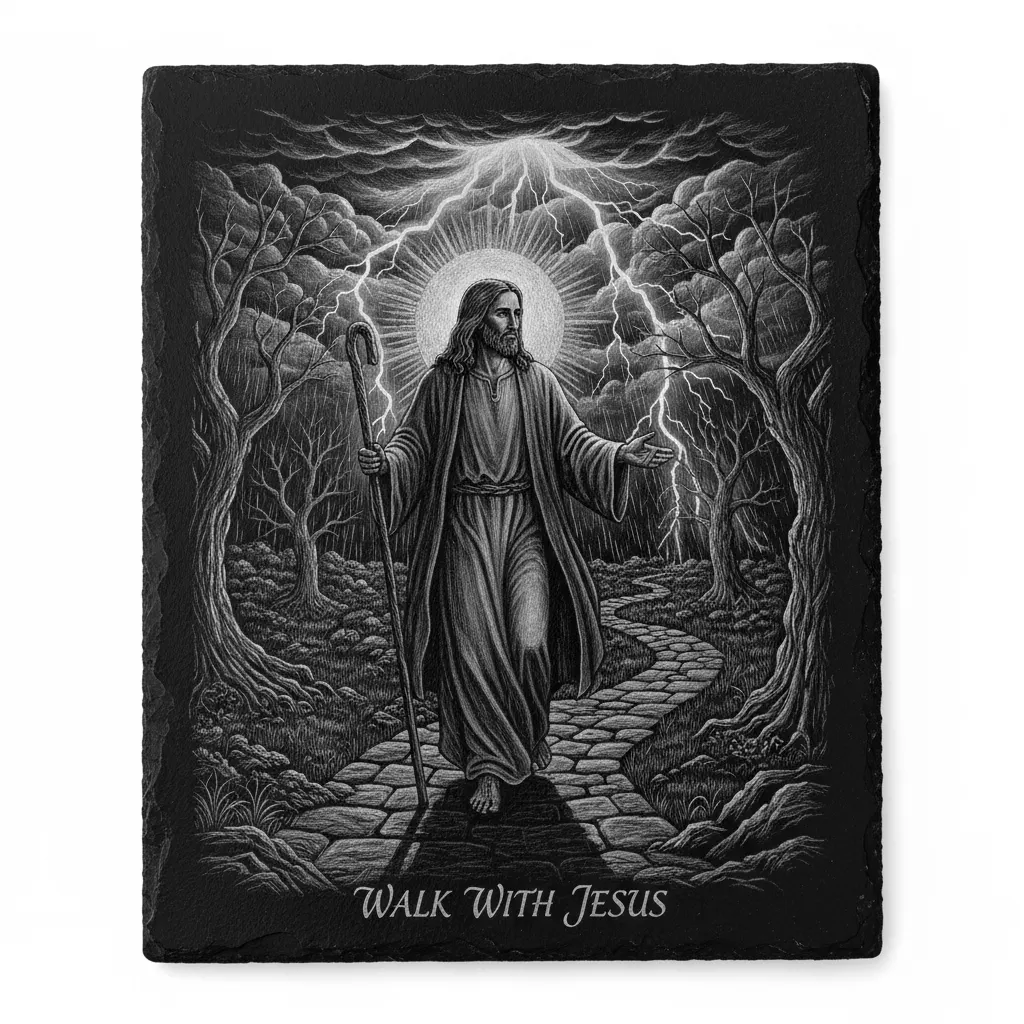 This will be engraved on slate painted black. The theme is "walk with Jesus" it is complex. I would like Jesus walking on a path as he is waiting for someone, a lighting storm behind him and the sun in front of him.