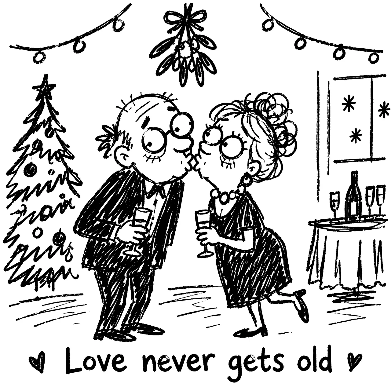 Holiday party setting, elderly couple shyly sneaking a kiss under the mistletoe. If you do captions add "Love never gets old" at the bottom.
