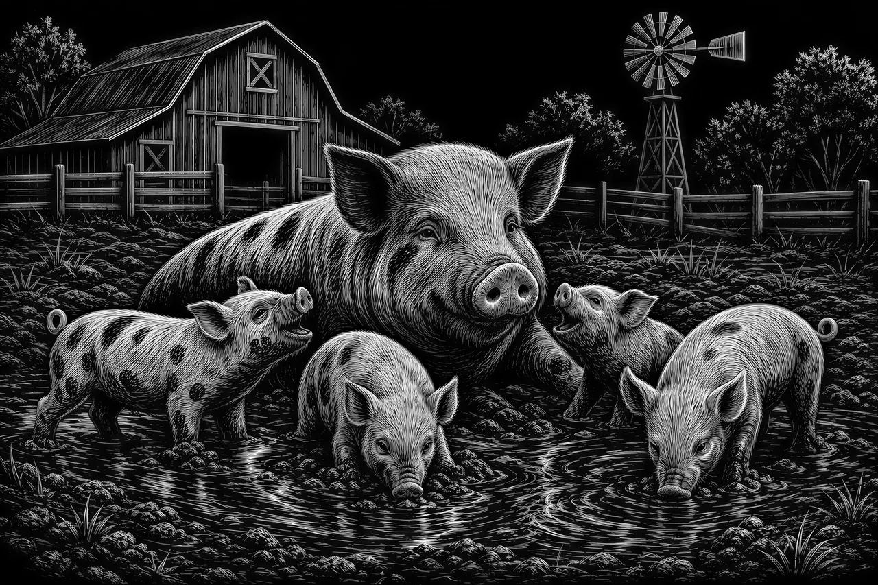 Sow and her piglets playing in a mud hole on a farm setting. Please show barn and a windmill