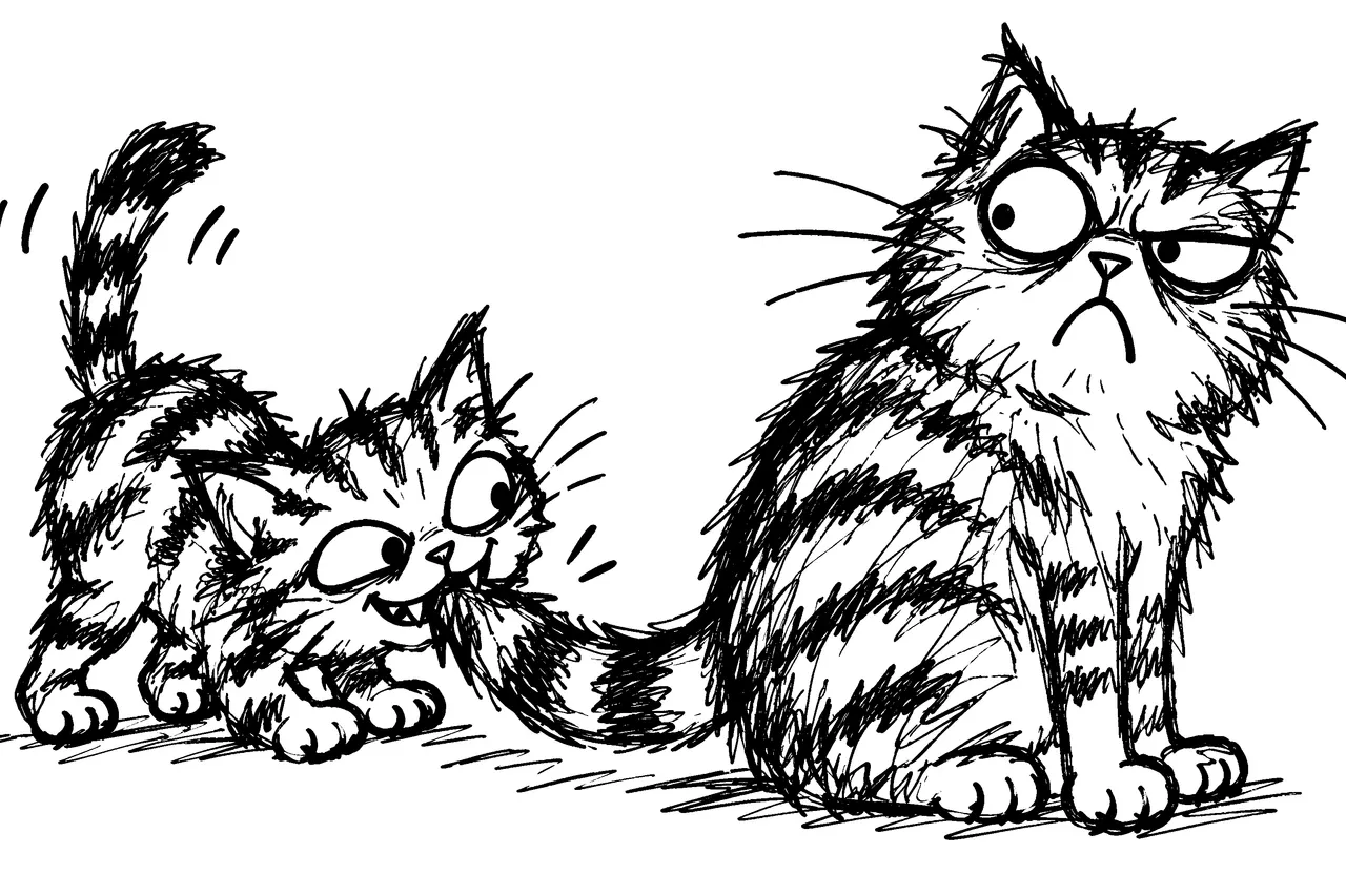 A playful tabby kitten with a mean streak slyly getting ready to bite an older grouchy cats tail