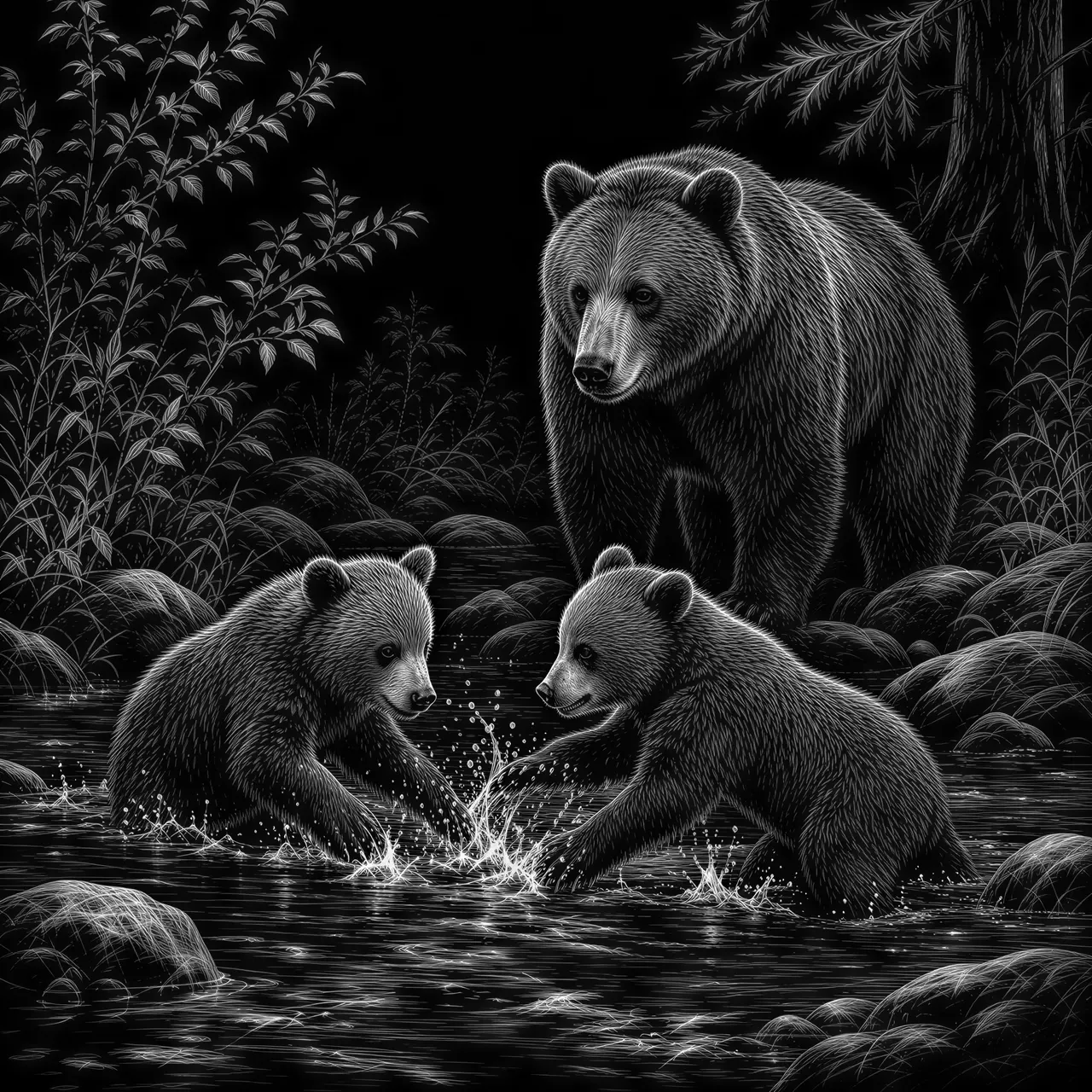 Two bear cubs playing in a creek while mama bear watches