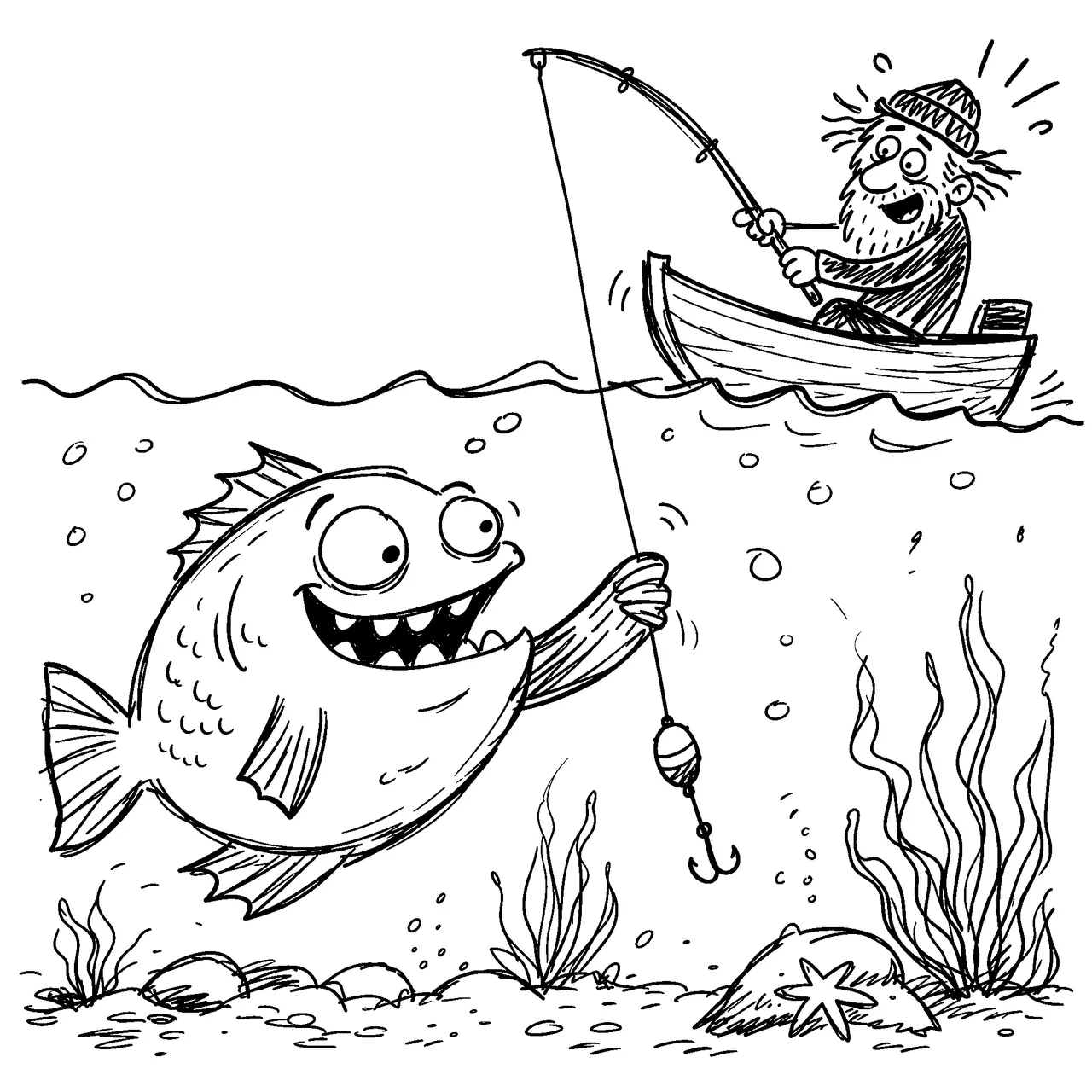 Fish underwater tugging on an old fisherman's line with his fin and smiling