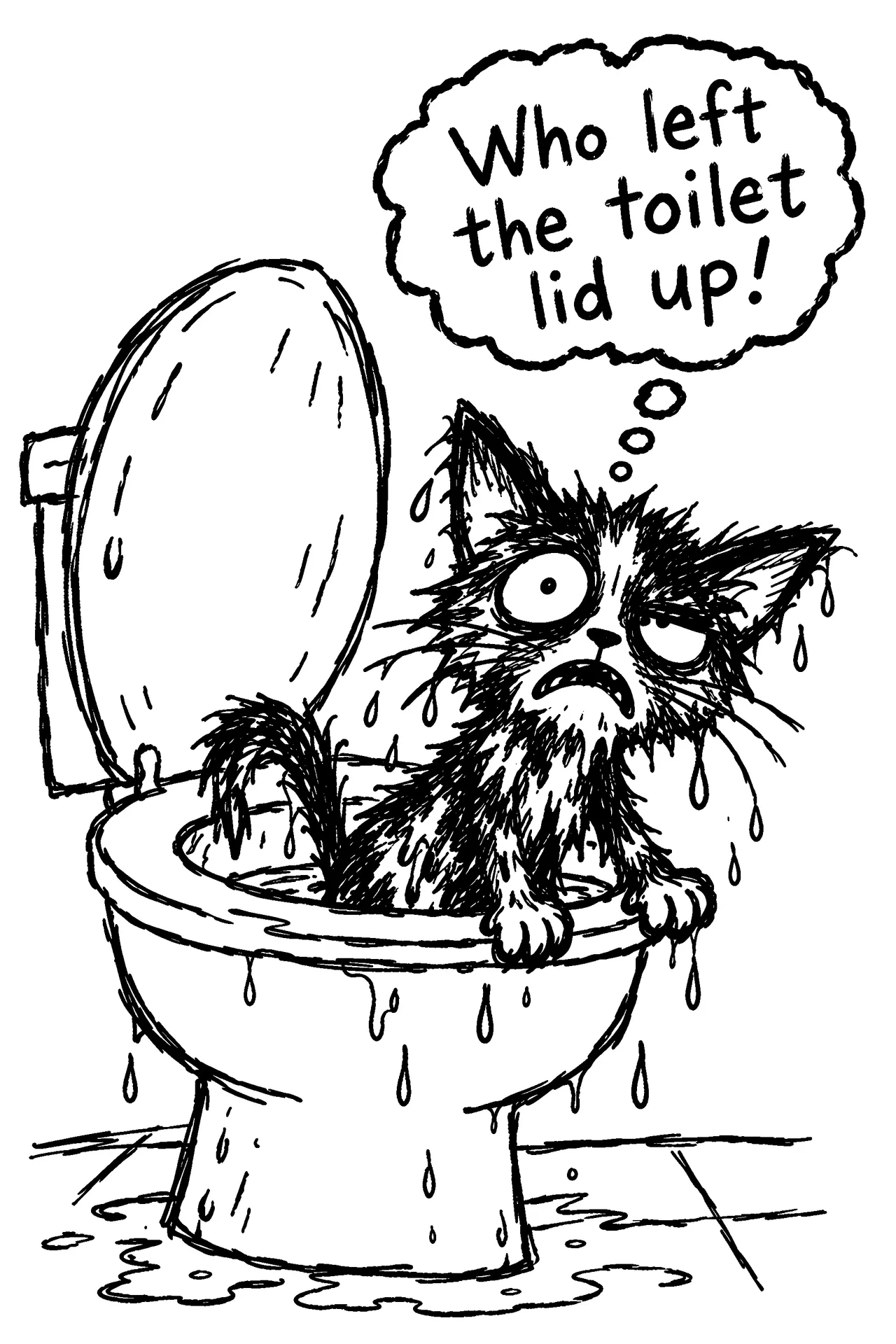 A dripping wet and very unhappy tortashell kitten climbing out of the toilet and thinking "Who left the toilet lid up!"