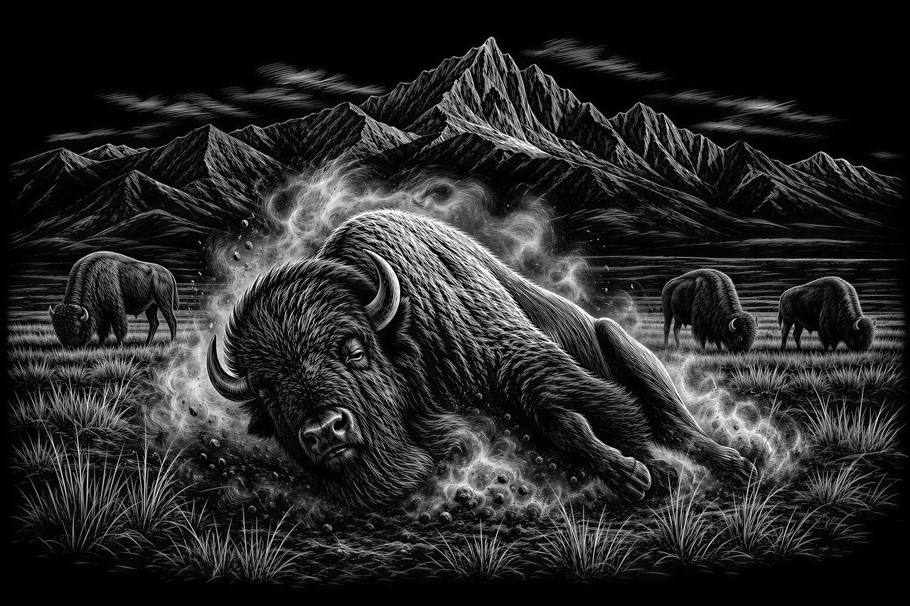 Big old bison bull taking a vigorous dust bath on the prairie. A ...