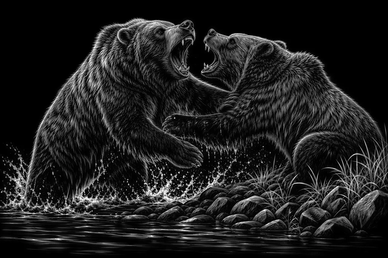 Two large male grizzlies in a fearce battle at the edge of a river.