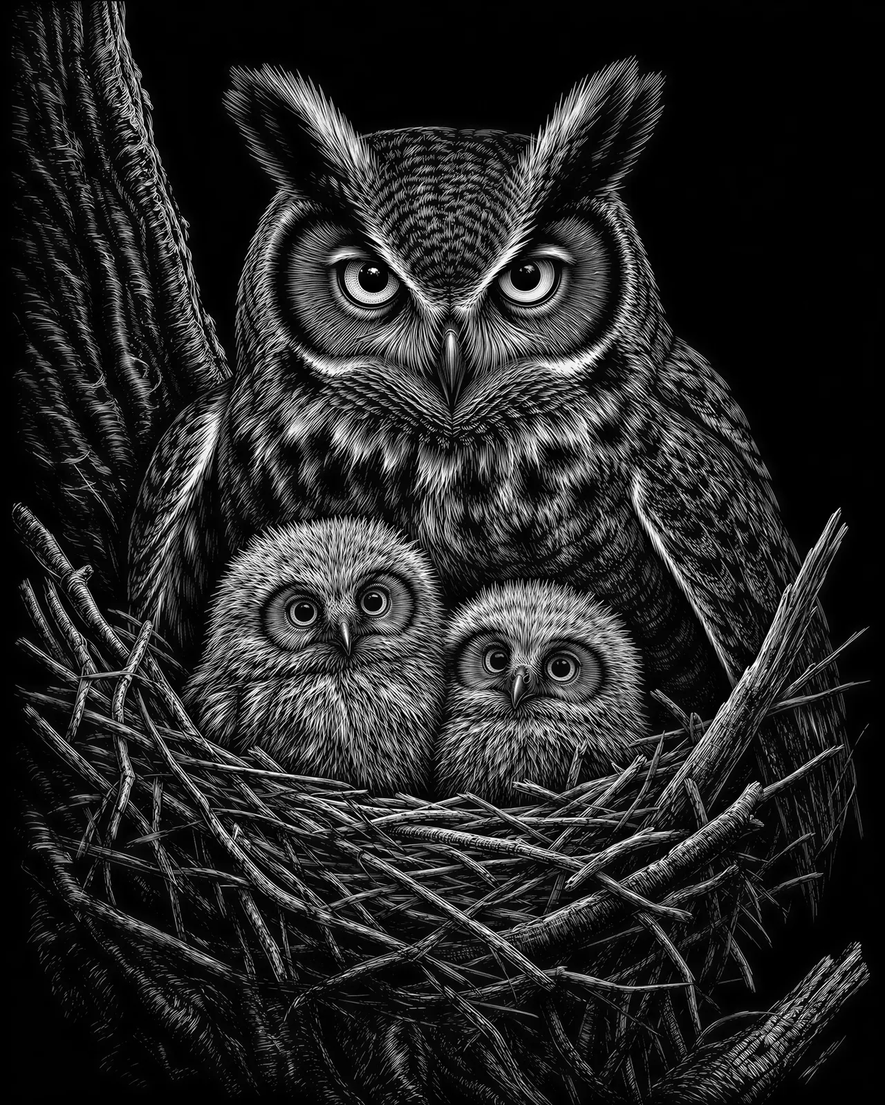 Owl with two fuzzy owlets nesting