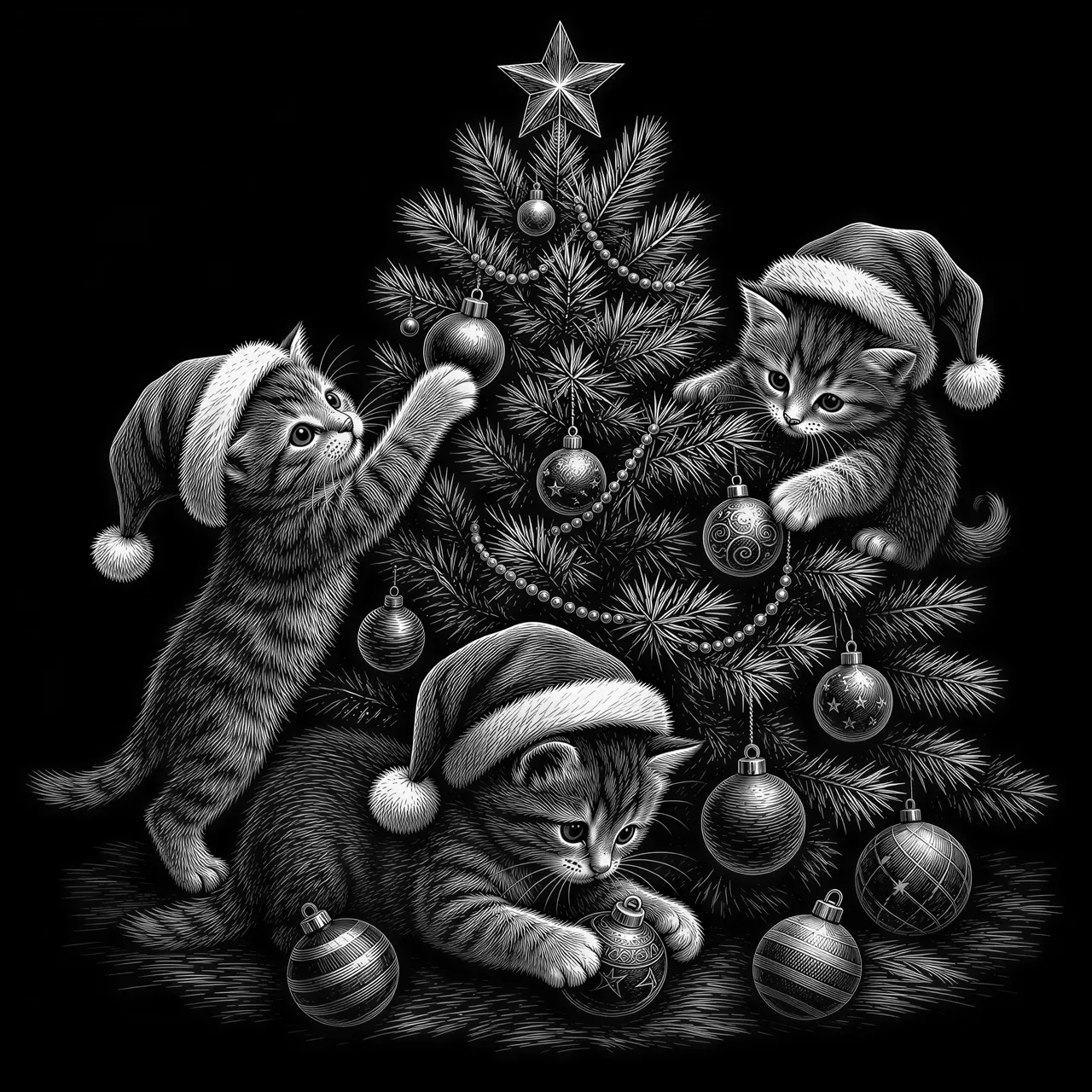 Kittens wearing a Santa hats playing around a Christmas tree. I will be placed it on a round slate tile.