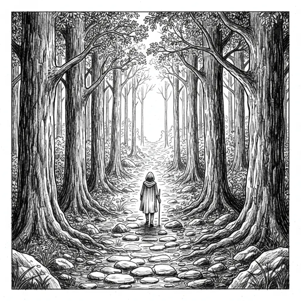 Make a black and white sketch of a forest with a forest path in the middle on which a lost person is walking, viewed from the back. This person is walking towards the horizon.