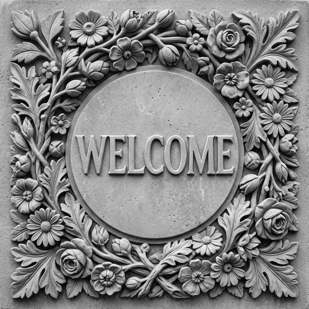 Create a round board with text Welcome in the middle surrounded by flowers and leaves. ADD high contrast reliëf to the complete image.