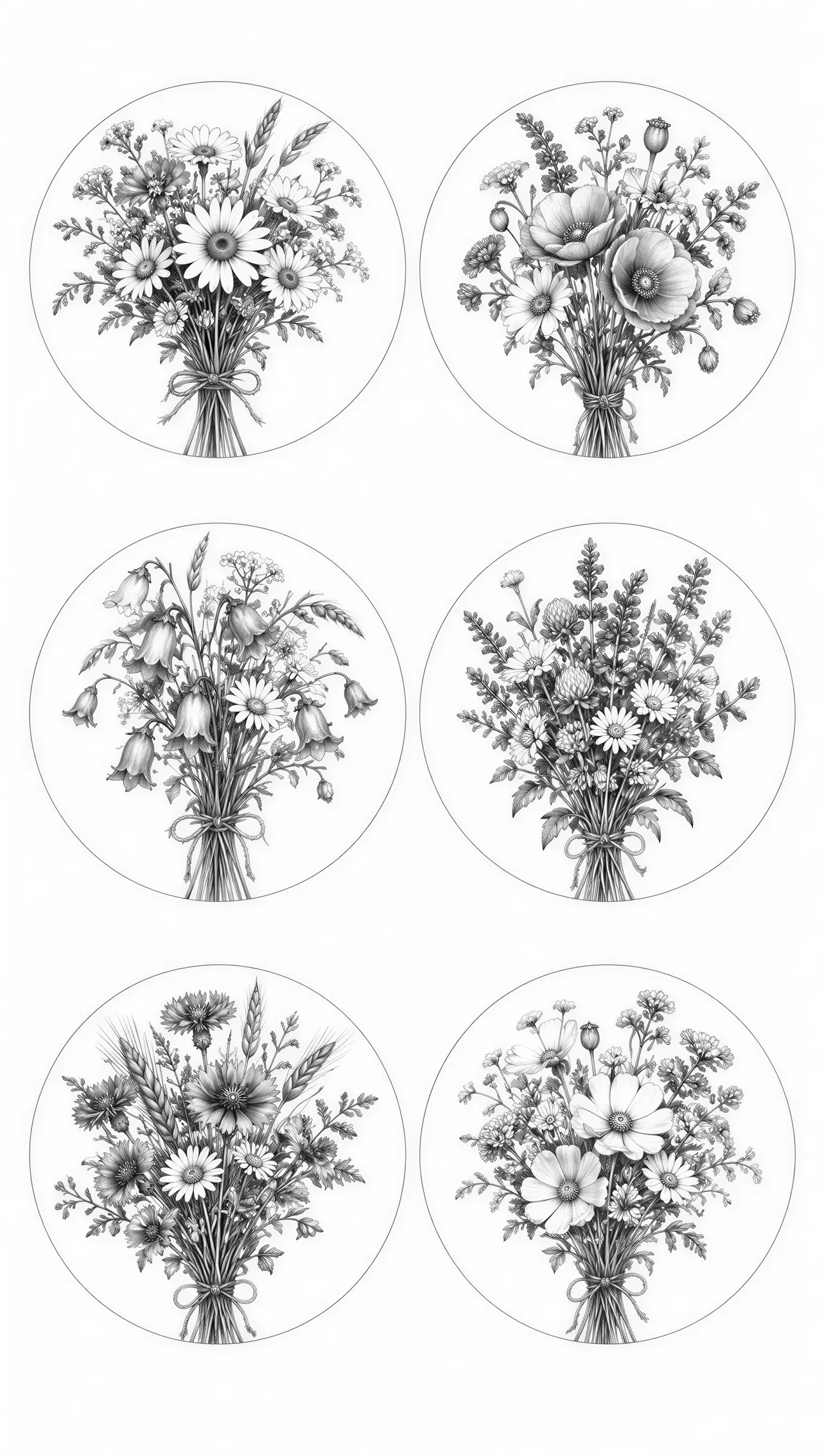 Create a set of 6 round images with different wild flower bouquettes.