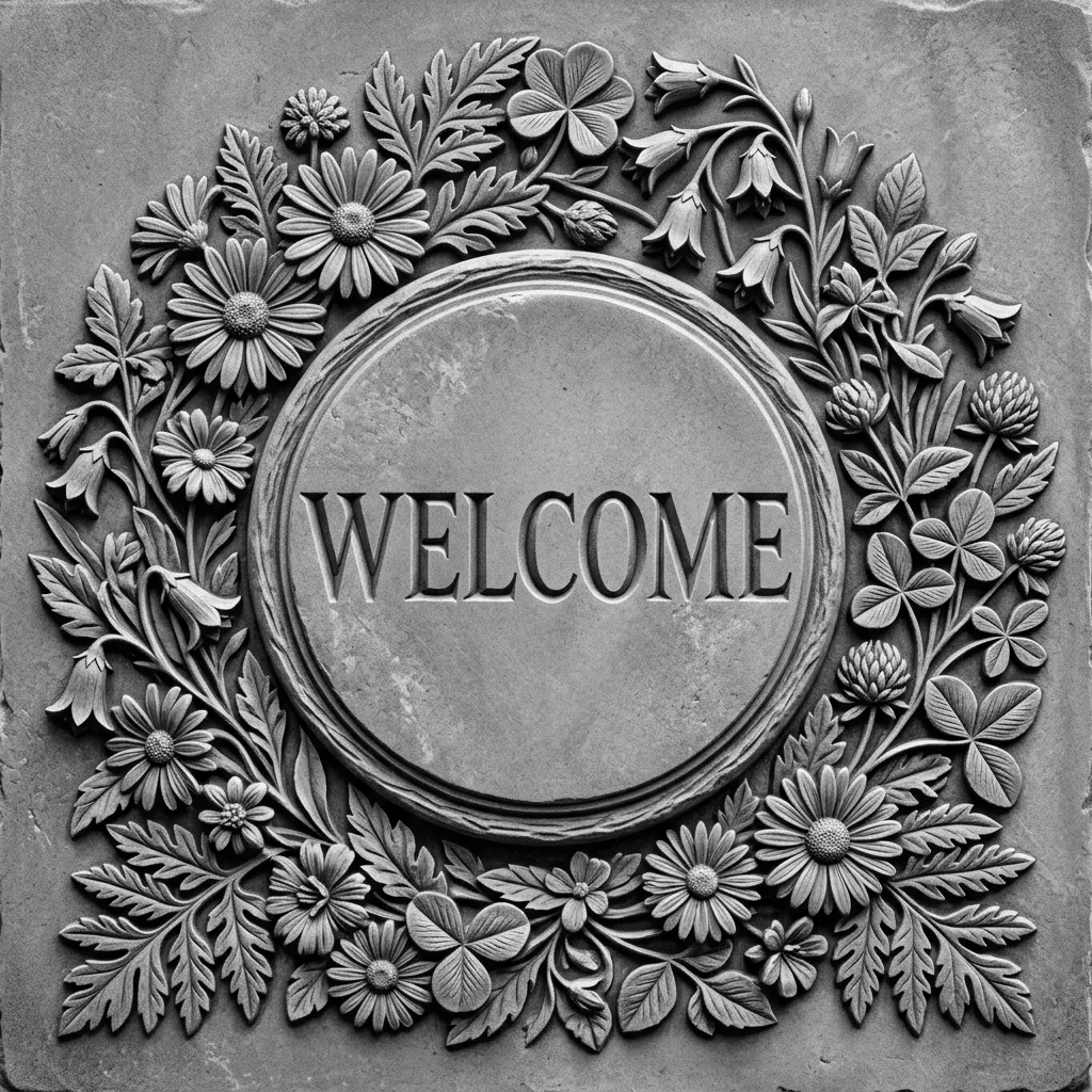 Create a round board with text Welcome in the middle and surrounded by wild flowers (also round) and leaves. ADD high contrast reliëf to the complete image.