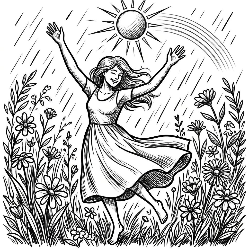 Create a image with a person who is happily dancing in the rain in a flower field. Add the sun and a light  little rainbow to it. Keep some space in the top, so a text can be added.
