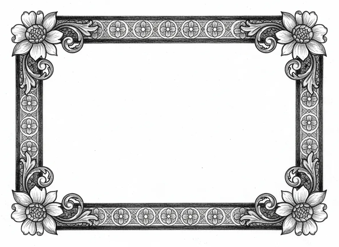 Create a retro style border in black and white with Some vintage floral decoration in the corners