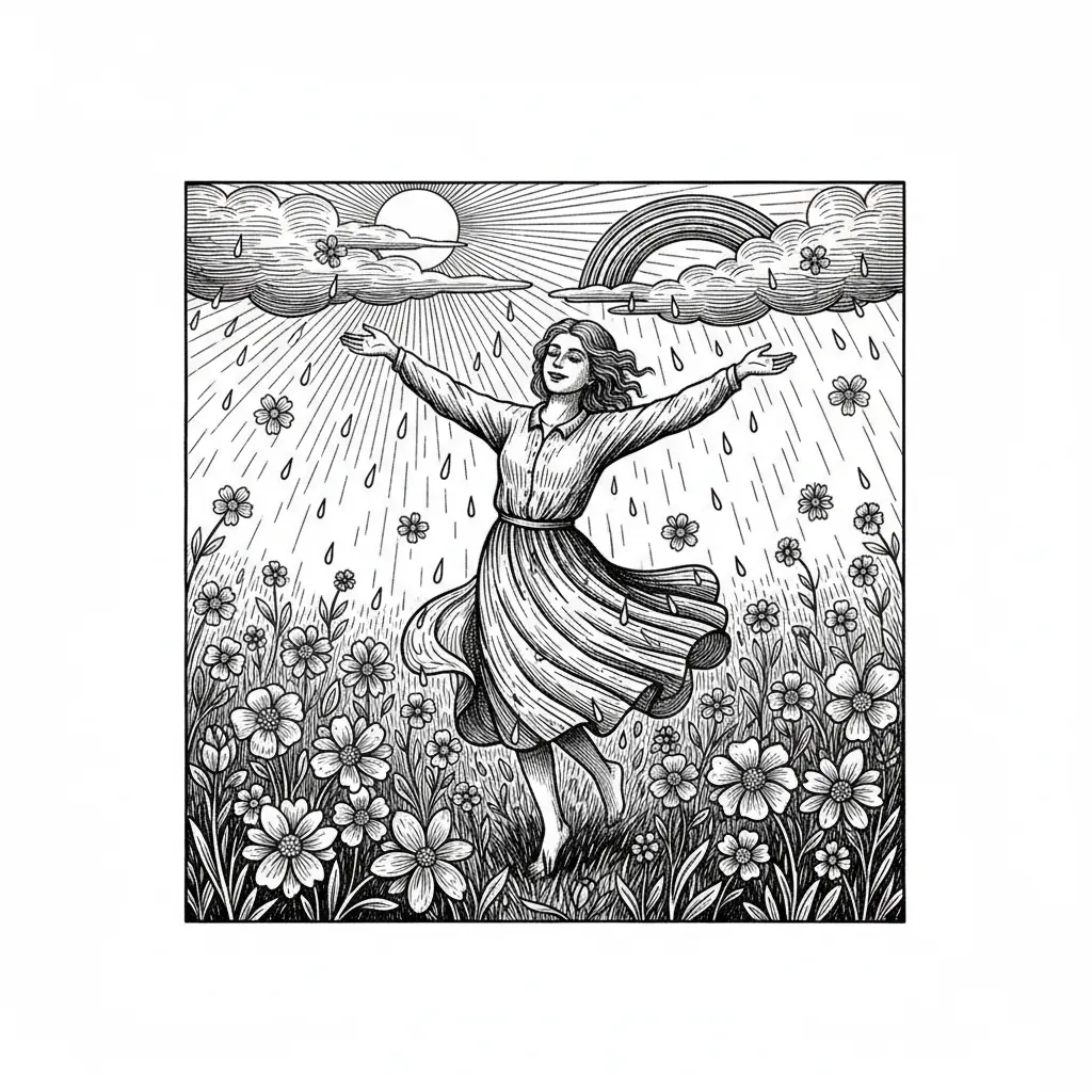 Create a image with a person who is happily dancing in the rain in a flower field. Add the sun and a little rainbow to it. Keep some space in the top, so a text can be added.