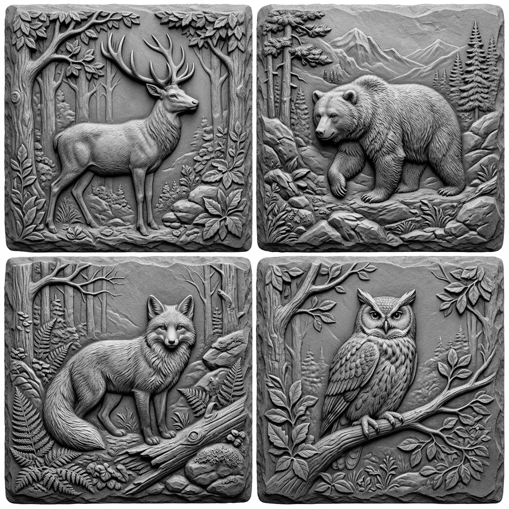 Create a set of 4 square coasters with different forest animals in their natural environment. Use high contrast. Make them suitable for engraving on Slate.