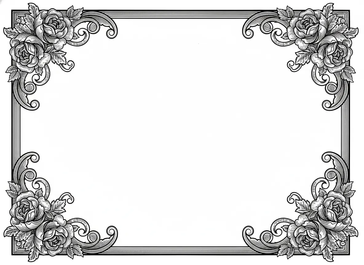 Create a retro style border in black and white with Some vintage floral decoration in the corners
