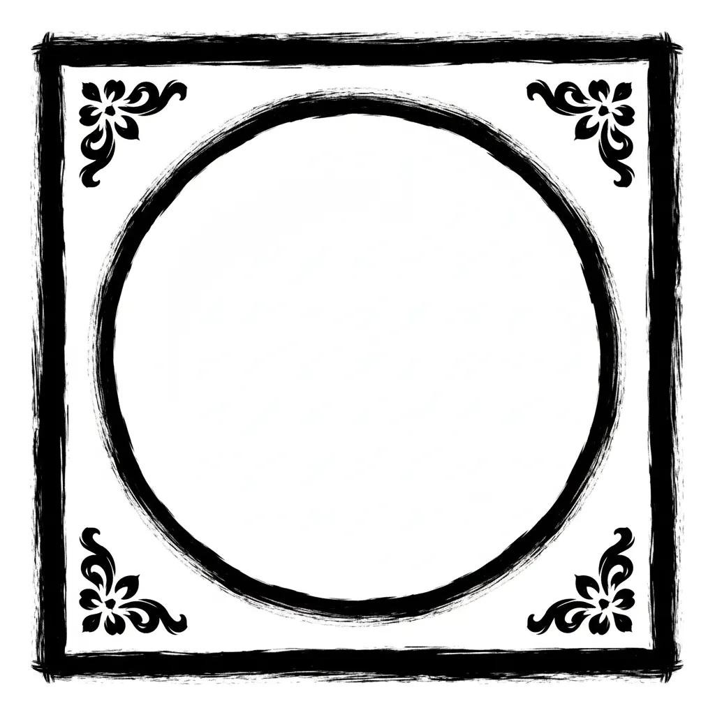 Create a simple border with a large white circle in the middle which nearly touches the upper, bottom, left and right side. Add a small vintage decoration to the corners without many details. Keep it simple!