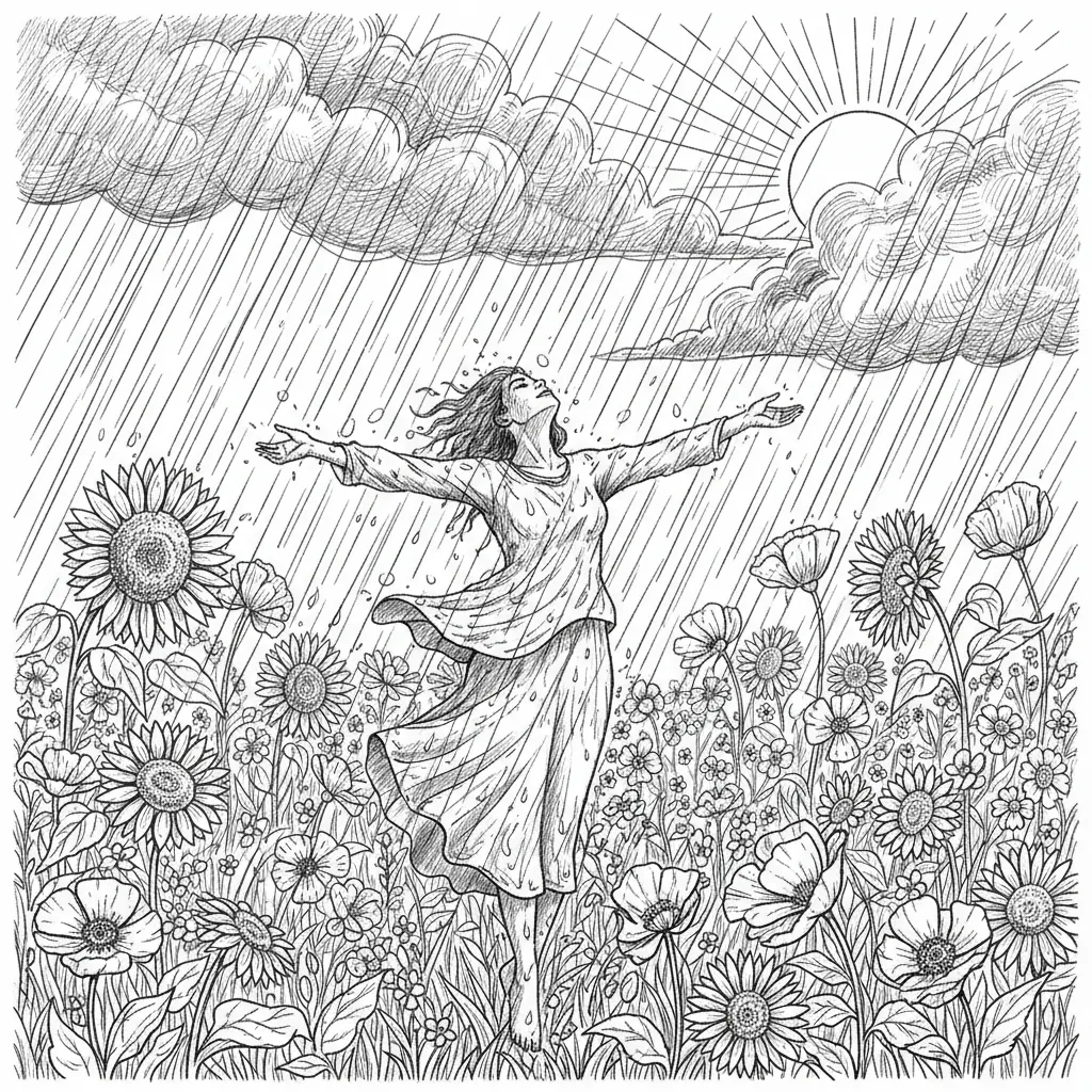 Create a image with a person who is happily dancing in the storm in a open flower field. Add the sun to it.