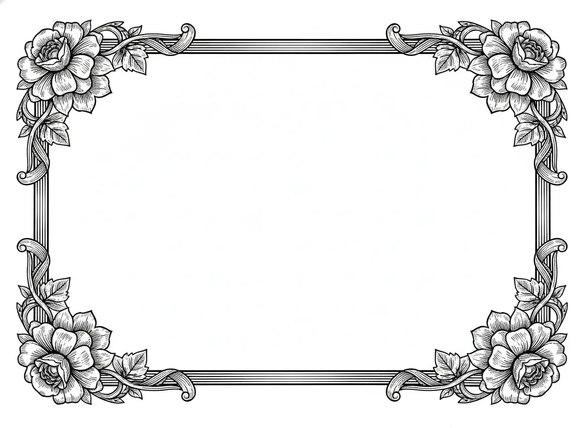 Create a retro style border in black and white with Some vintage floral decoration in the corners