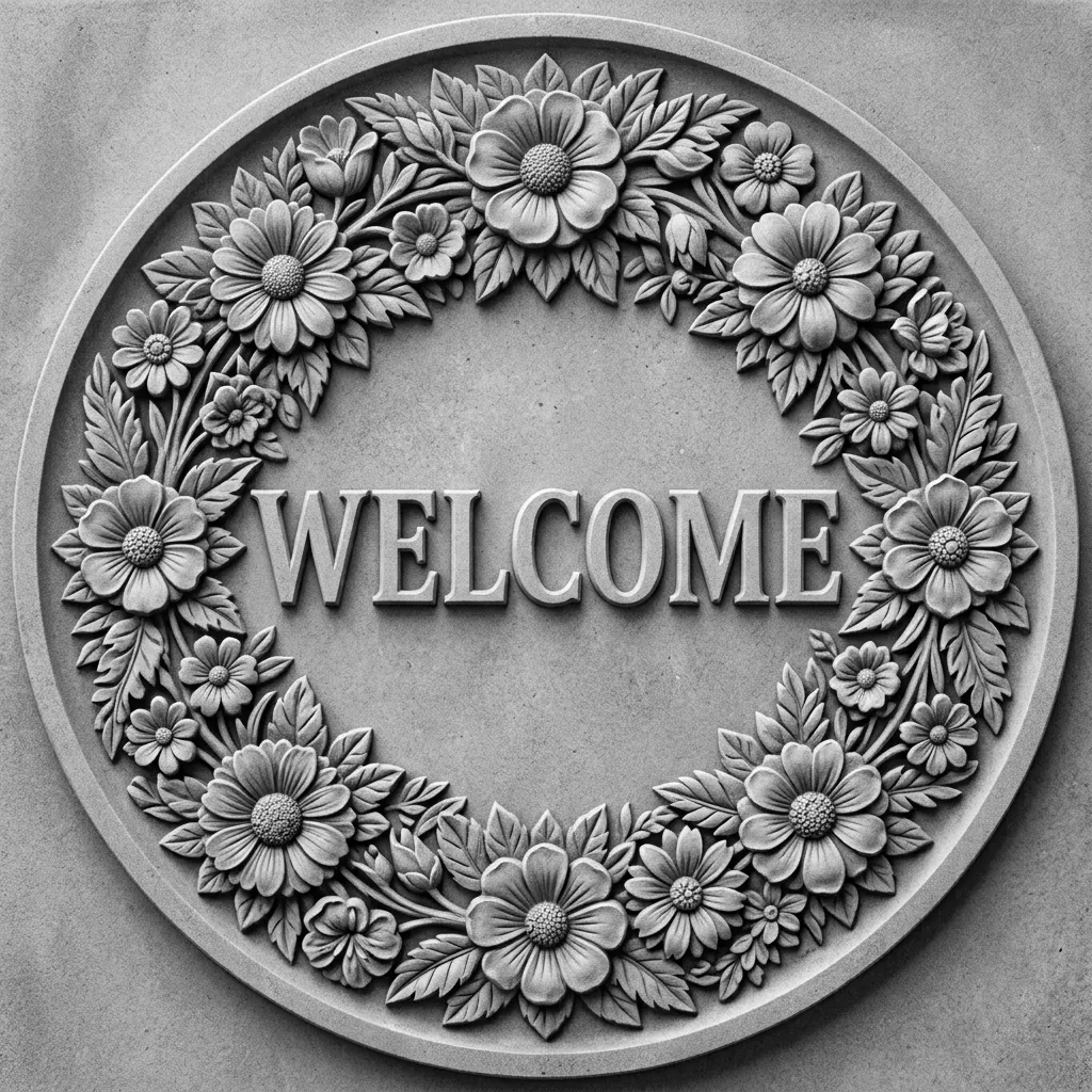 Create a round board with text Welcome in the middle and surrounded by flowers (also round) ADD high contrast reliëf to the complete image.