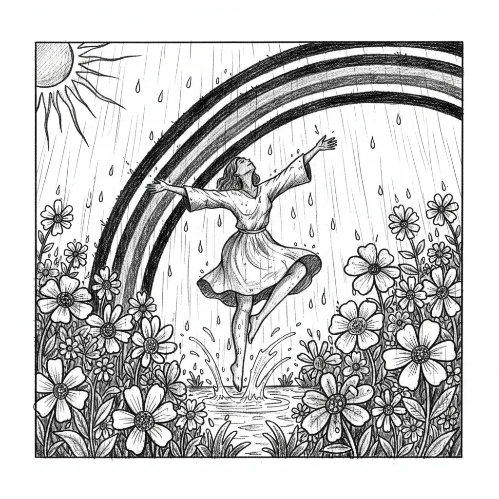Create a image with a person who is happily dancing in the rain in a flower field. Add the sun and a rainbow to the image.