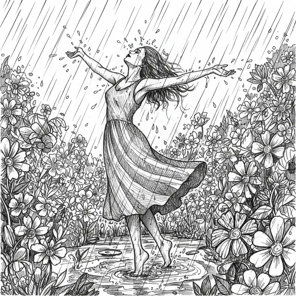 Create a image with a person who is happily dancing in the rain in a flower field