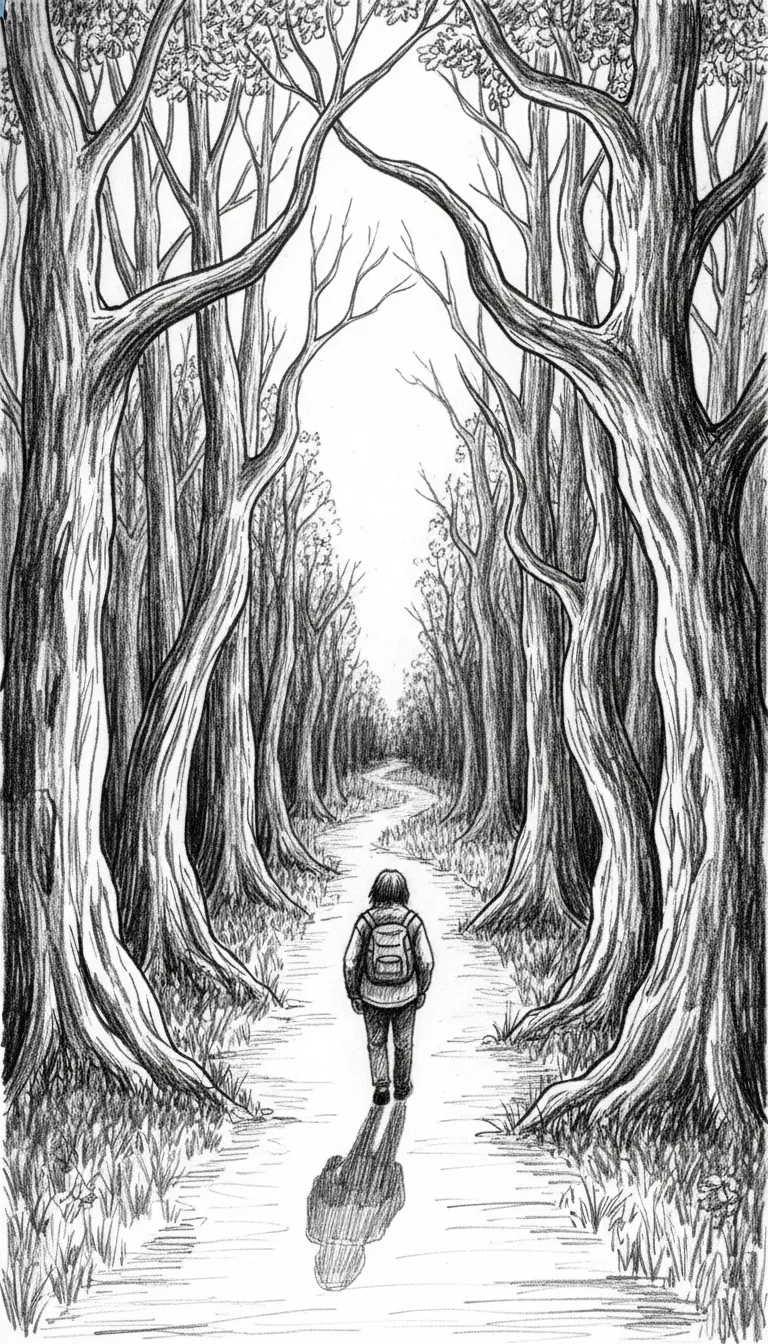 Make a black and white sketch of a forest with a forest path in the middle on which a lost person is walking, viewed from the back. This person is walking towards the horizon.